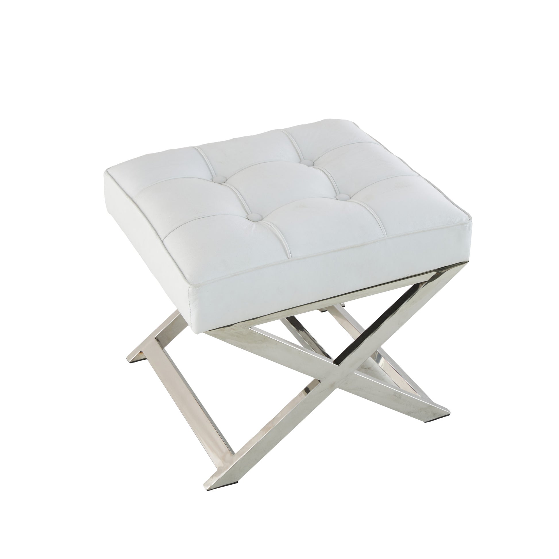 White Leather Living Room Stool with Stainless Steel Supports