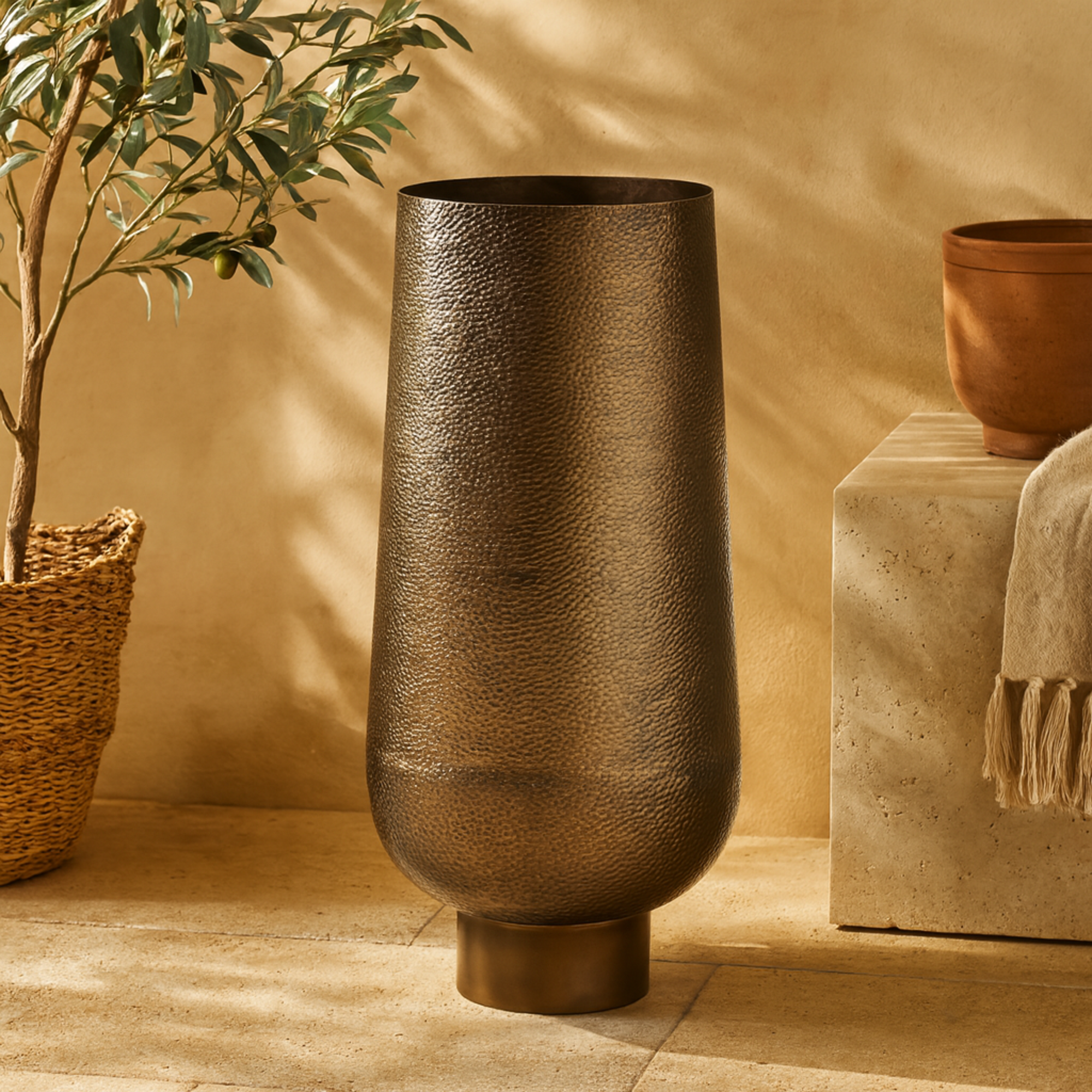 Geometric Brass Aluminum Metal Textured Wide Floor Decorative Vase with Elevated Base