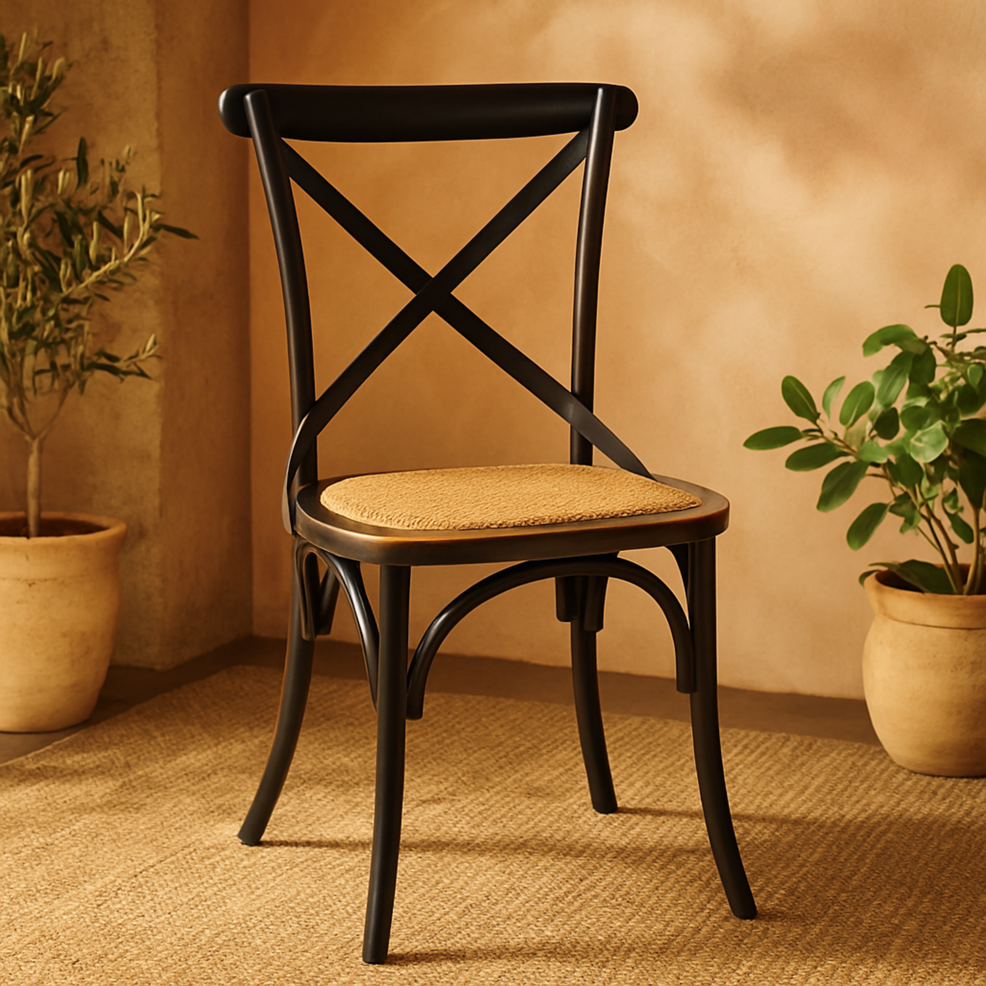 Metal Kitchen Dining Chair with Brown Rattan Seat