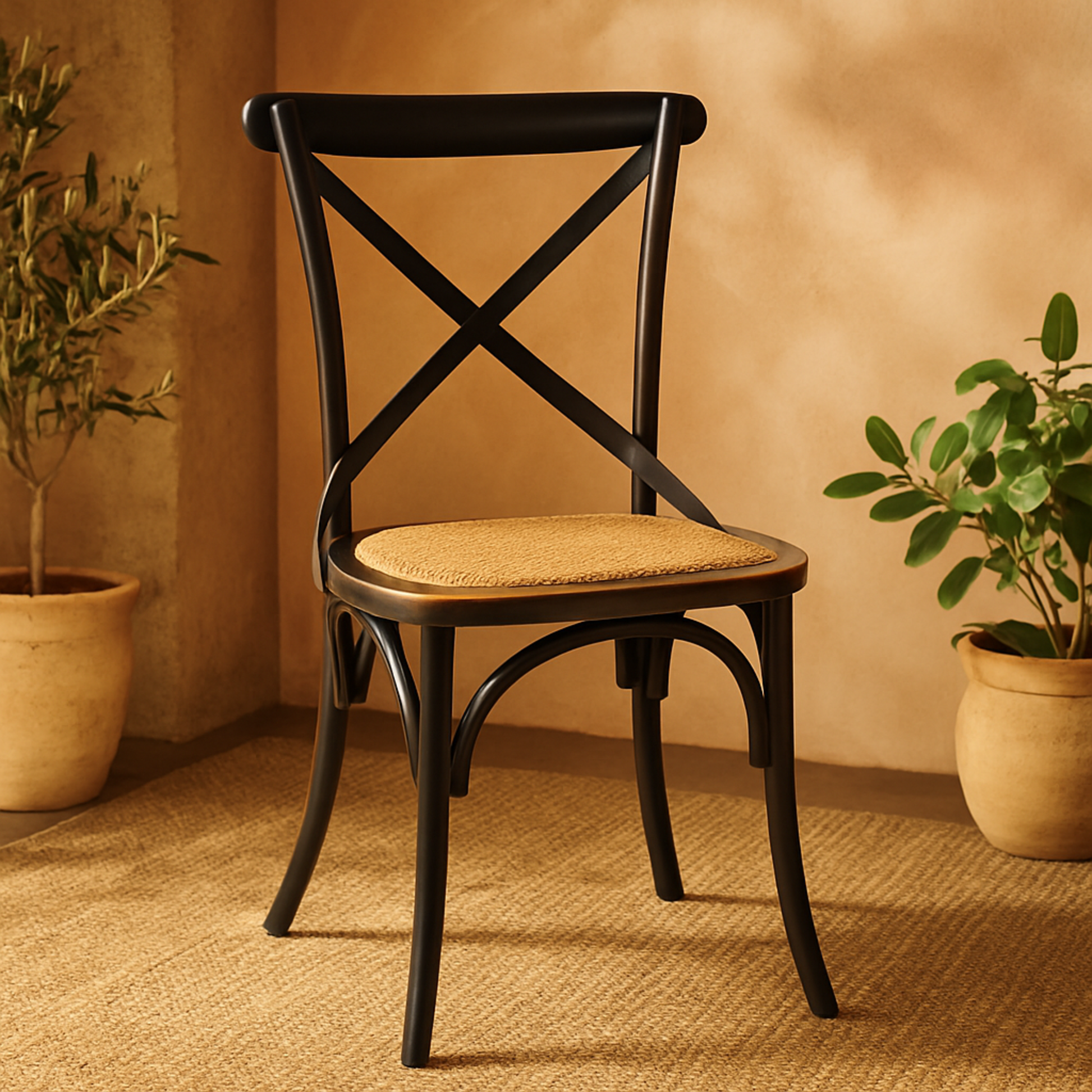 Metal Kitchen Dining Chair with Brown Rattan Seat