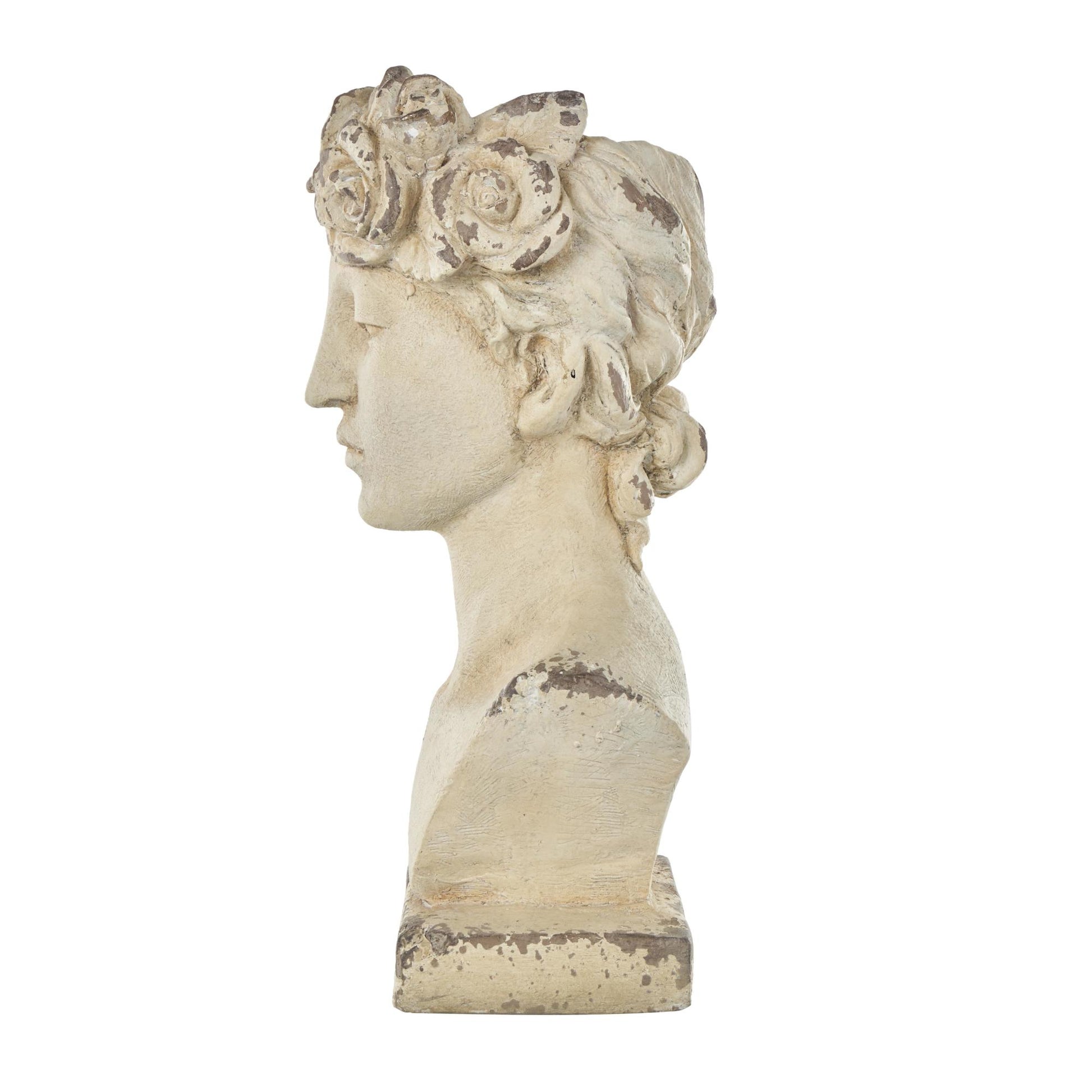 Woman Cream Magnesium Oxide Distressed Antique Greek Bust Indoor Outdoor Planter with Floral Accents