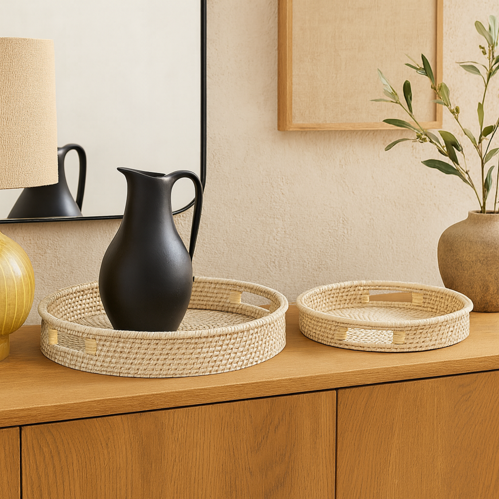 Set of 2 Cream Rattan Living Room Decor Tray with Slot Handles