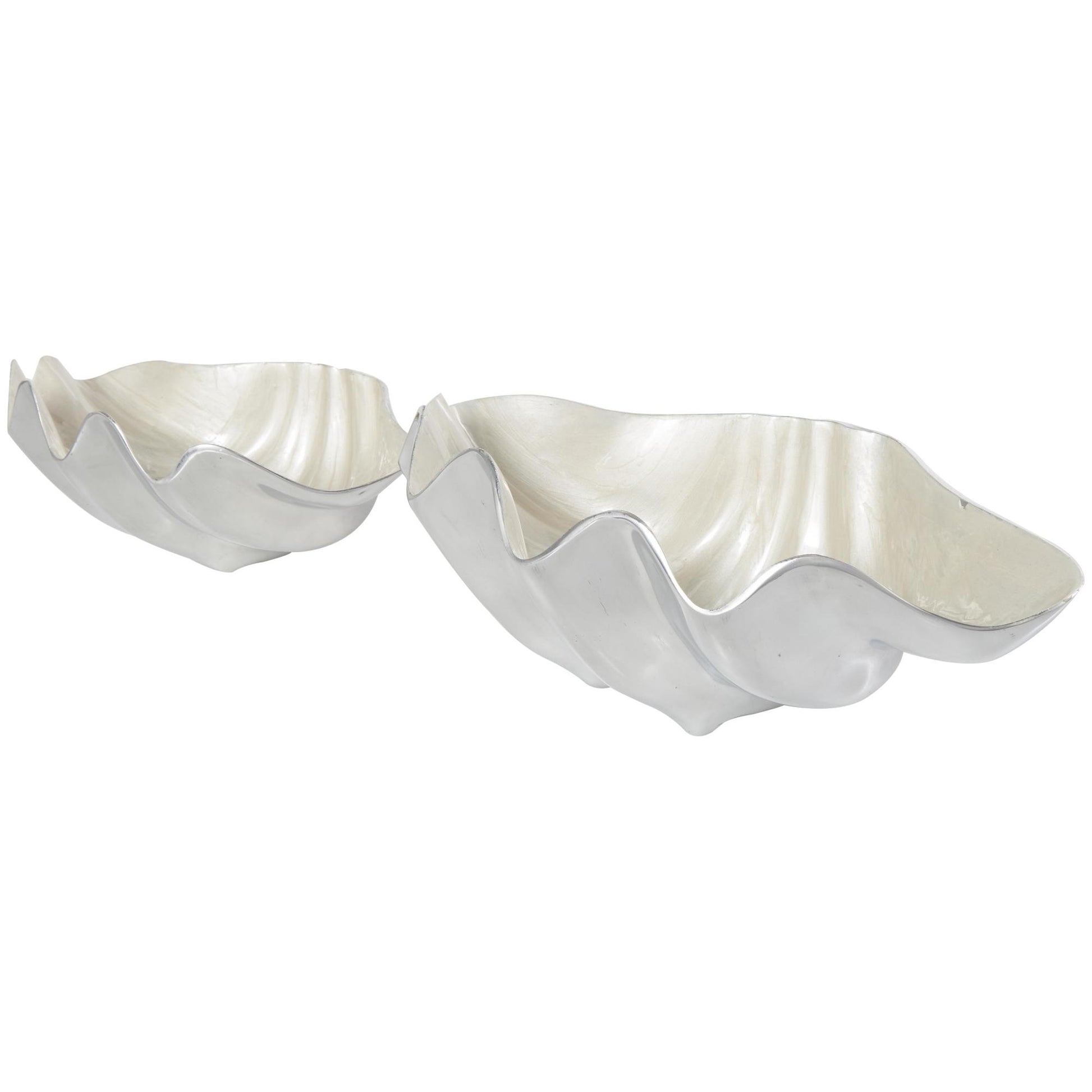 Set of 2 Shell Aluminum Metal Enameled Large Decorative Bowl with Silver Metal Exterior