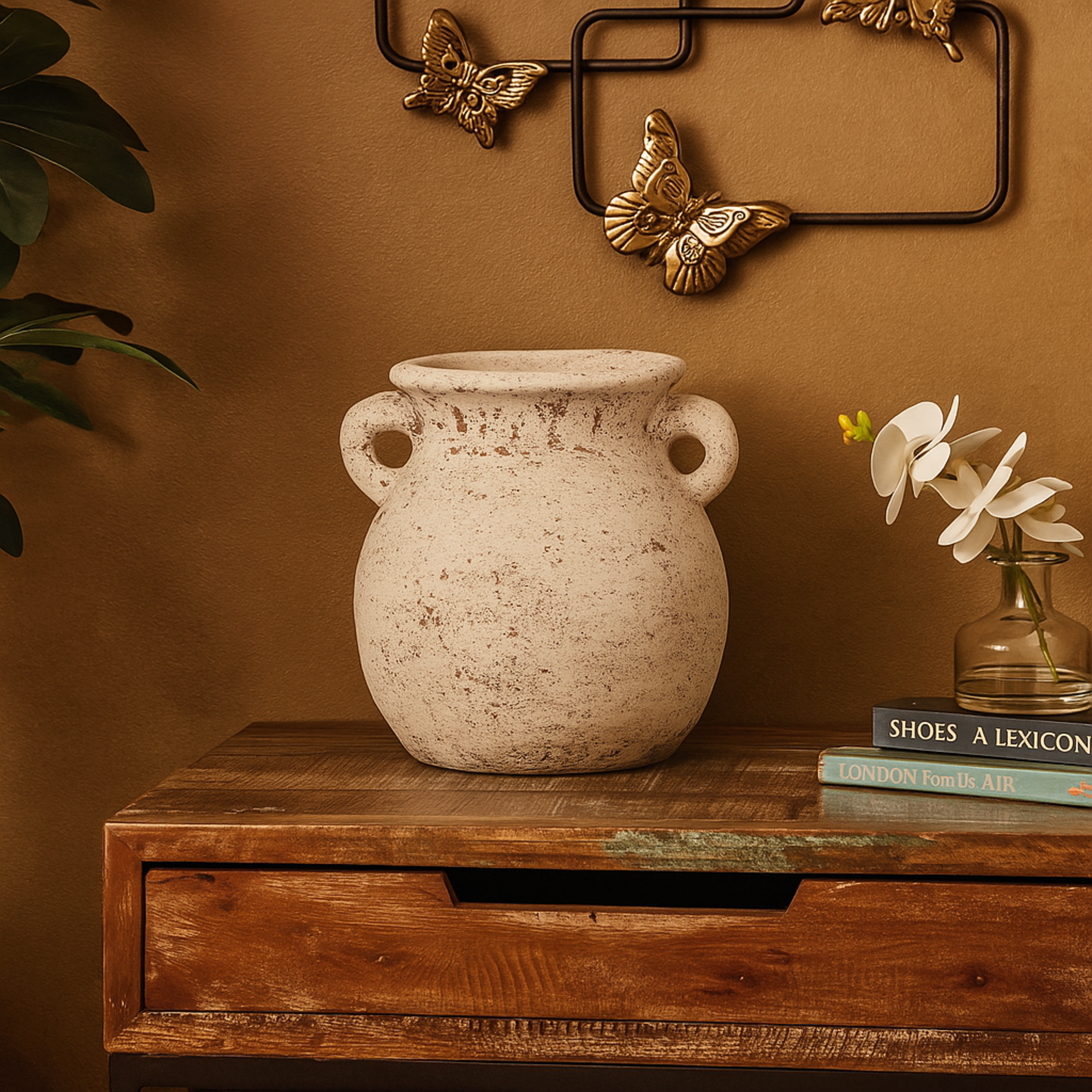 Cream Ceramic Antique Style Textured Pot Decorative Vase with Handles