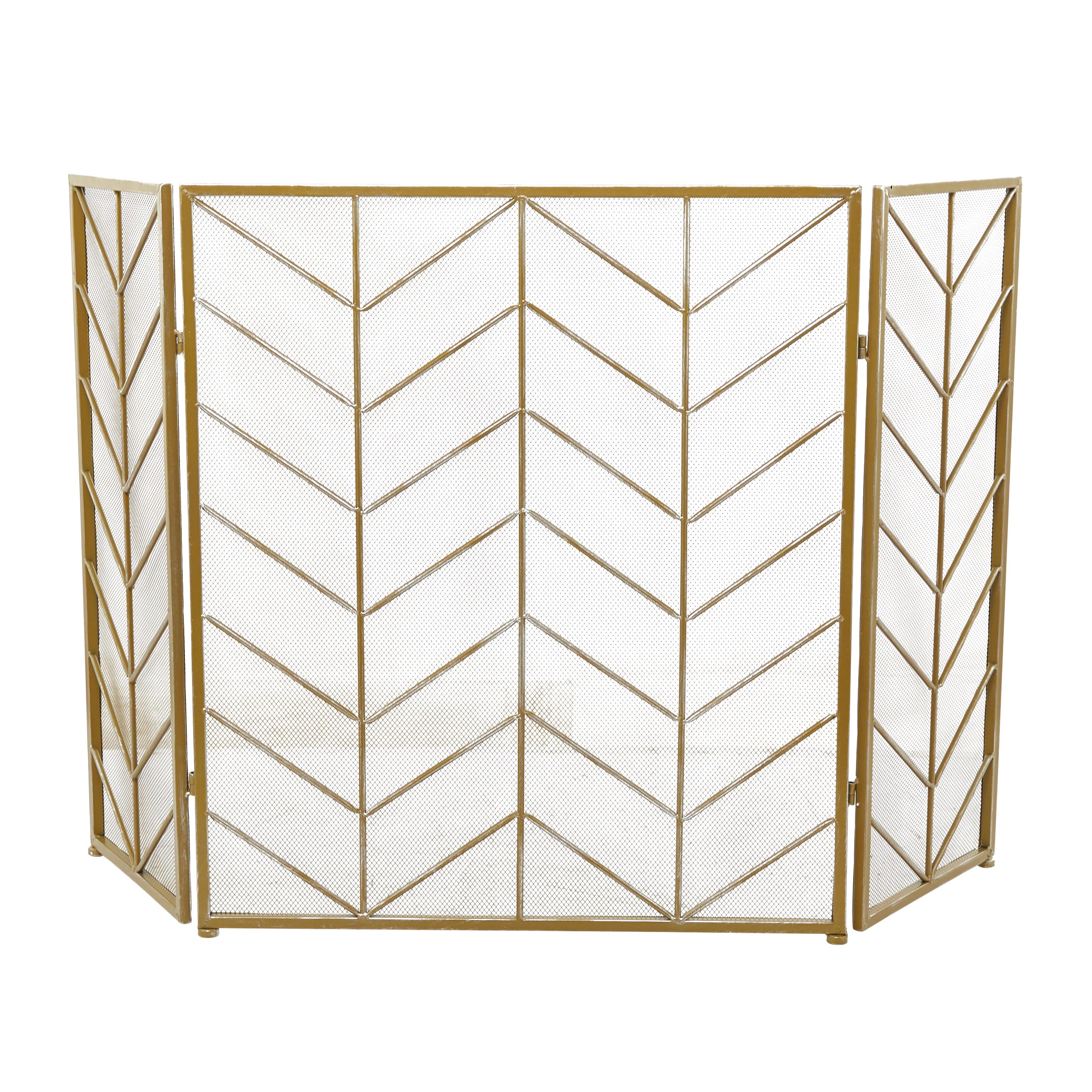 Geometric Metal Foldable Mesh Netting 3 Panel Living Room Fireplace Screen with Chevron Pattern