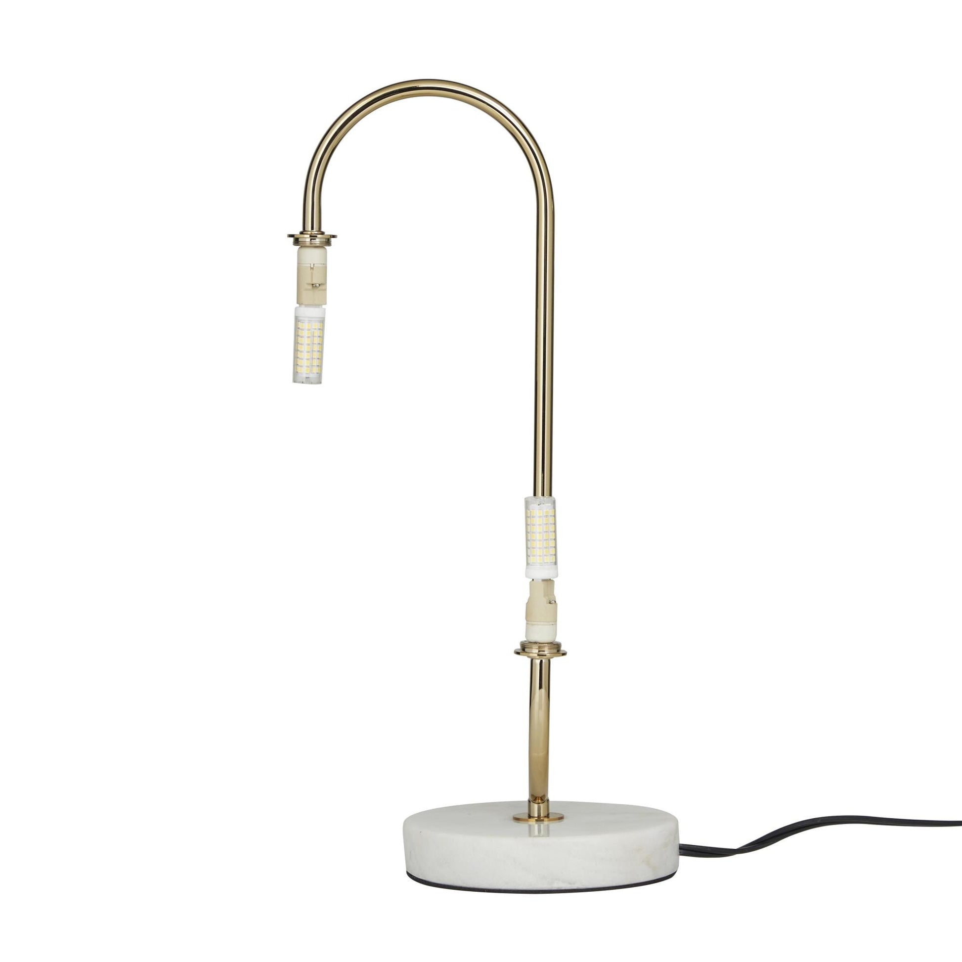 Gold Metal Curved Orb 2 Light Room Table Lamp with White Glass Shades and Marble Base