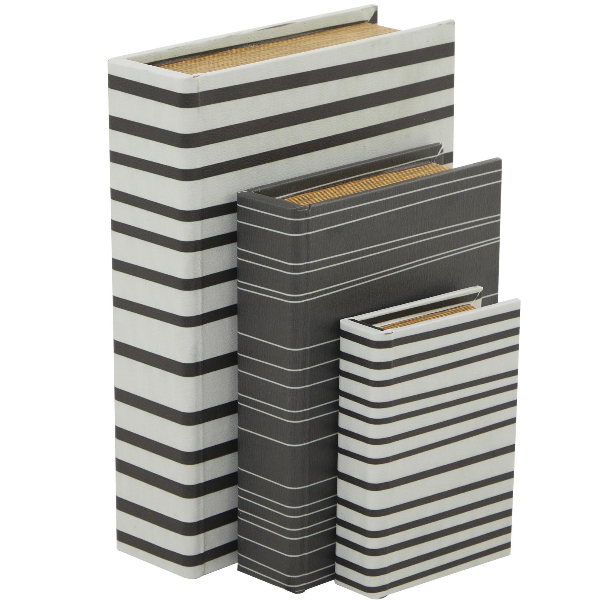 Set of 3 White Faux Leather Striped Faux Book Storage Decorative Box with Black Accents