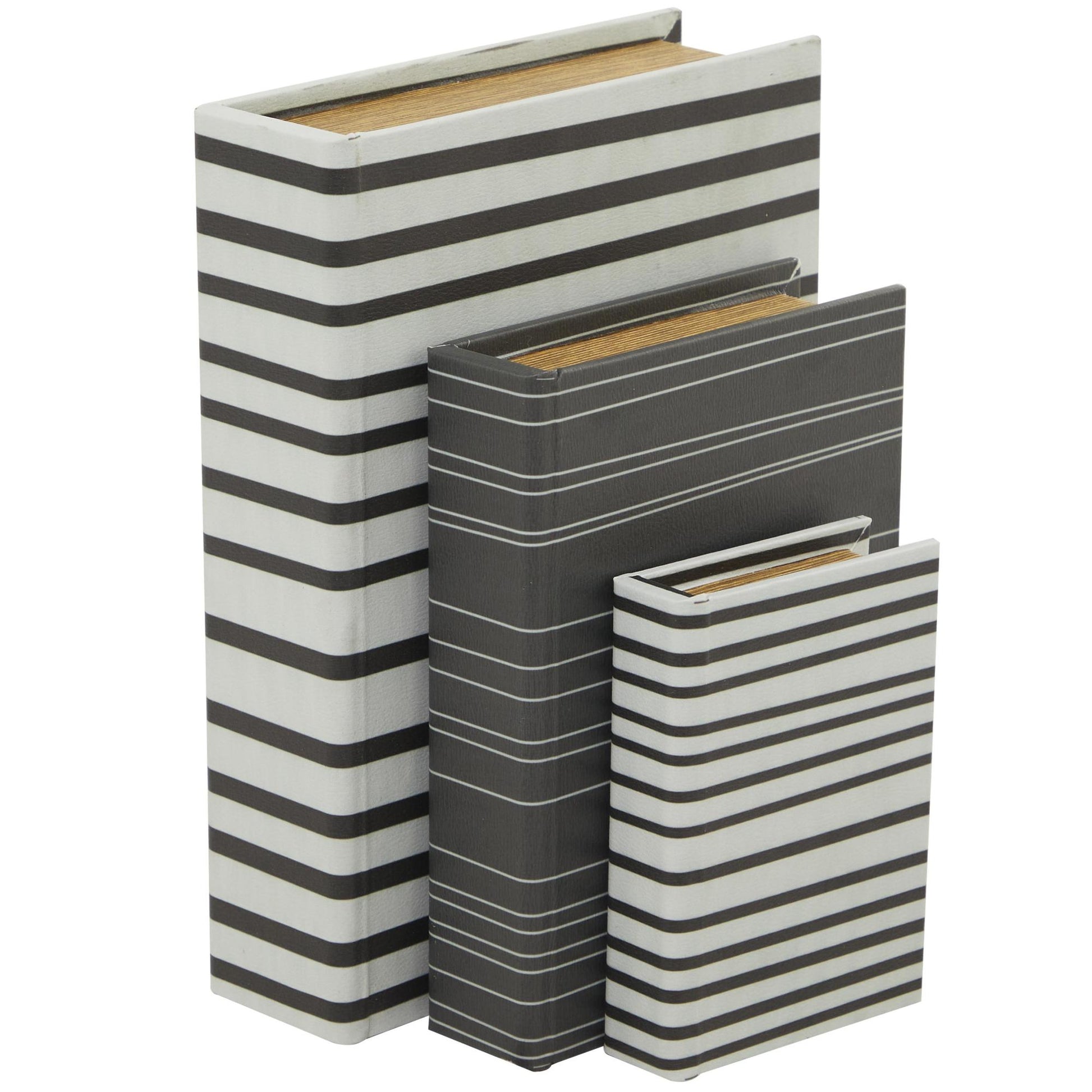 Set of 3 White Faux Leather Striped Faux Book Storage Decorative Box with Black Accents