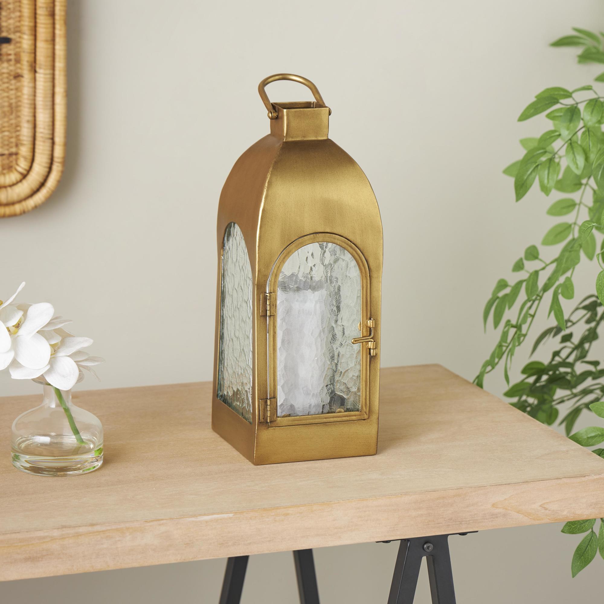 Gold Metal Arched Indoor Outdoor Candle Lantern with Top Handle