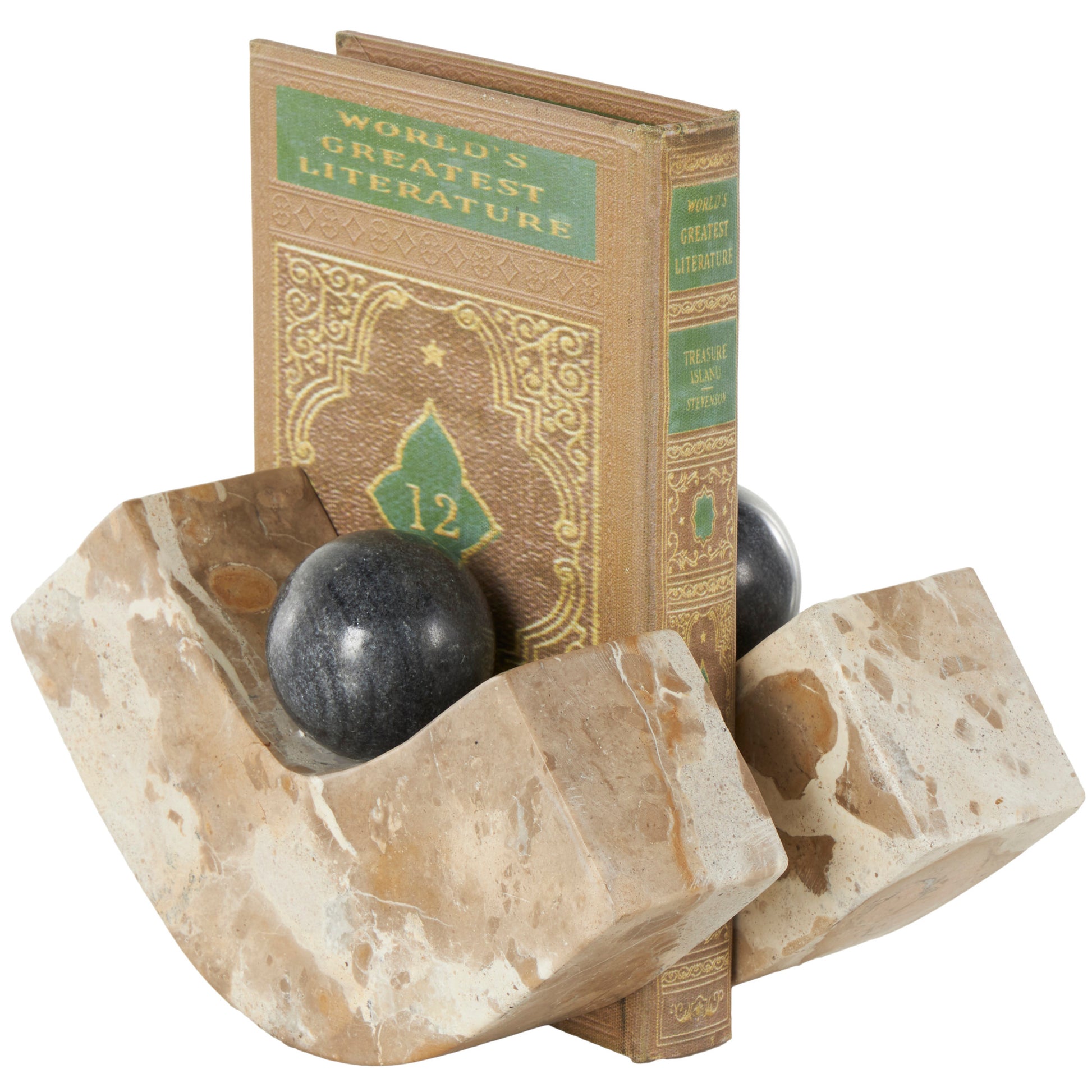 Set of 2 Brown Marble Arched Curved Decorative Bookends with Black Orbs