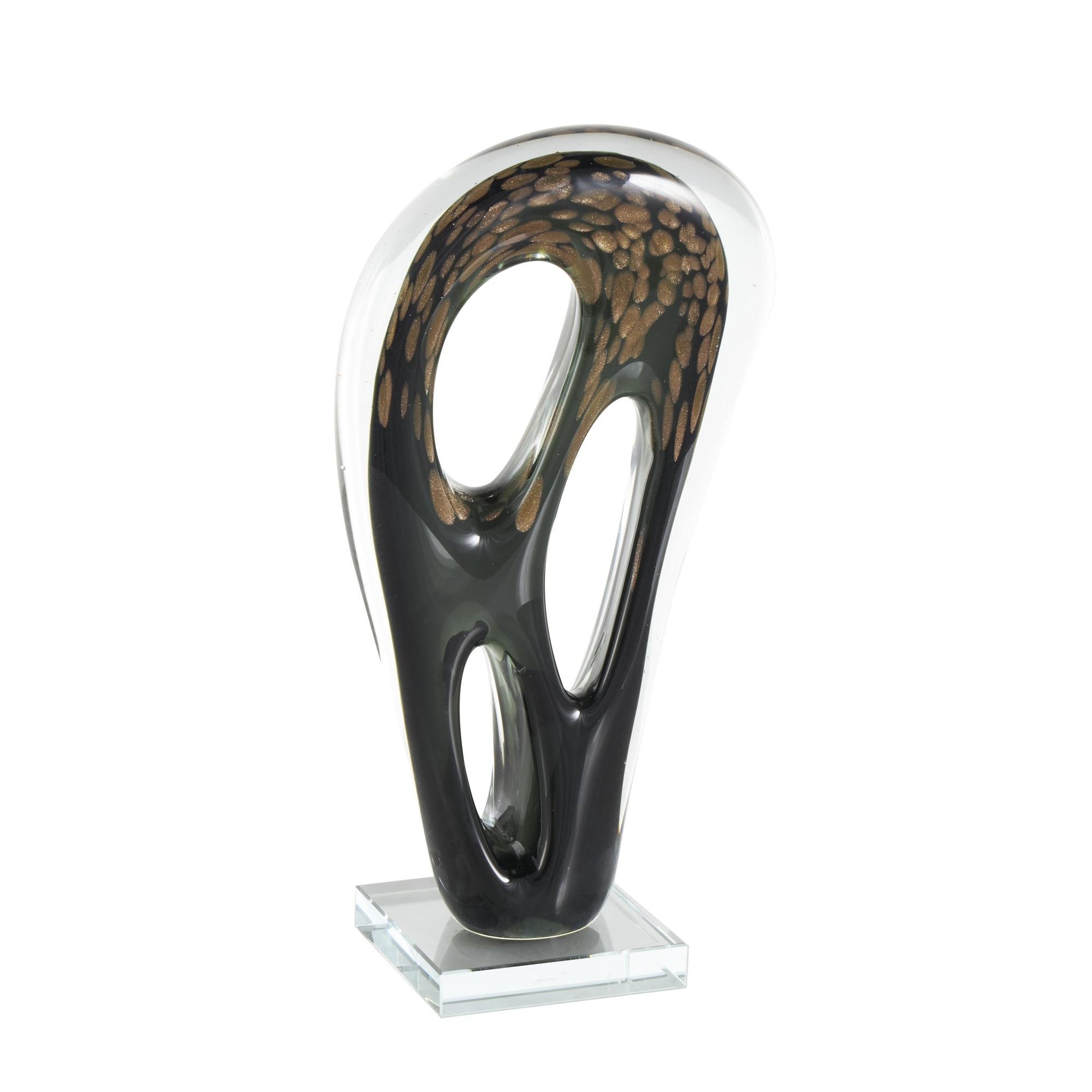 Abstract Black Glass Curved Cutout Decorative Sculpture with Gold Spotted Accents