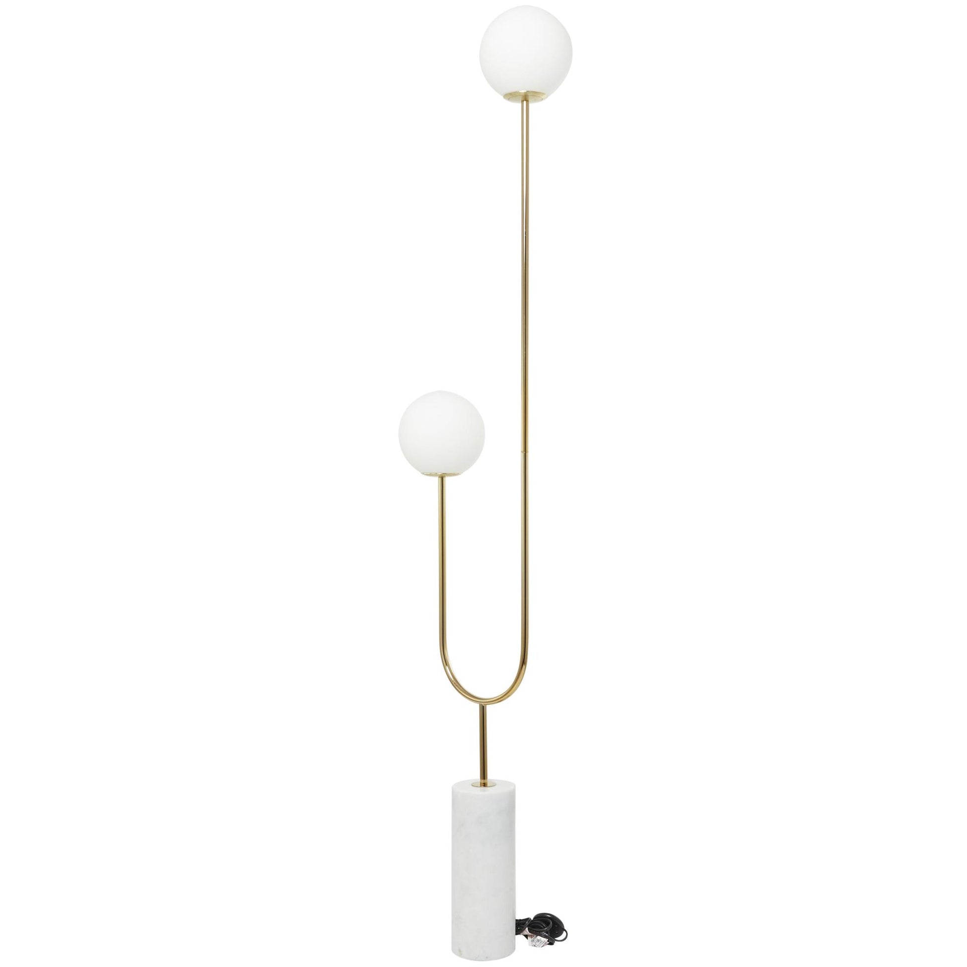 Metal Curved Orb 2 Light Room Floor Lamp with White Glass Shades and Marble Base 16" x 7" x 73"