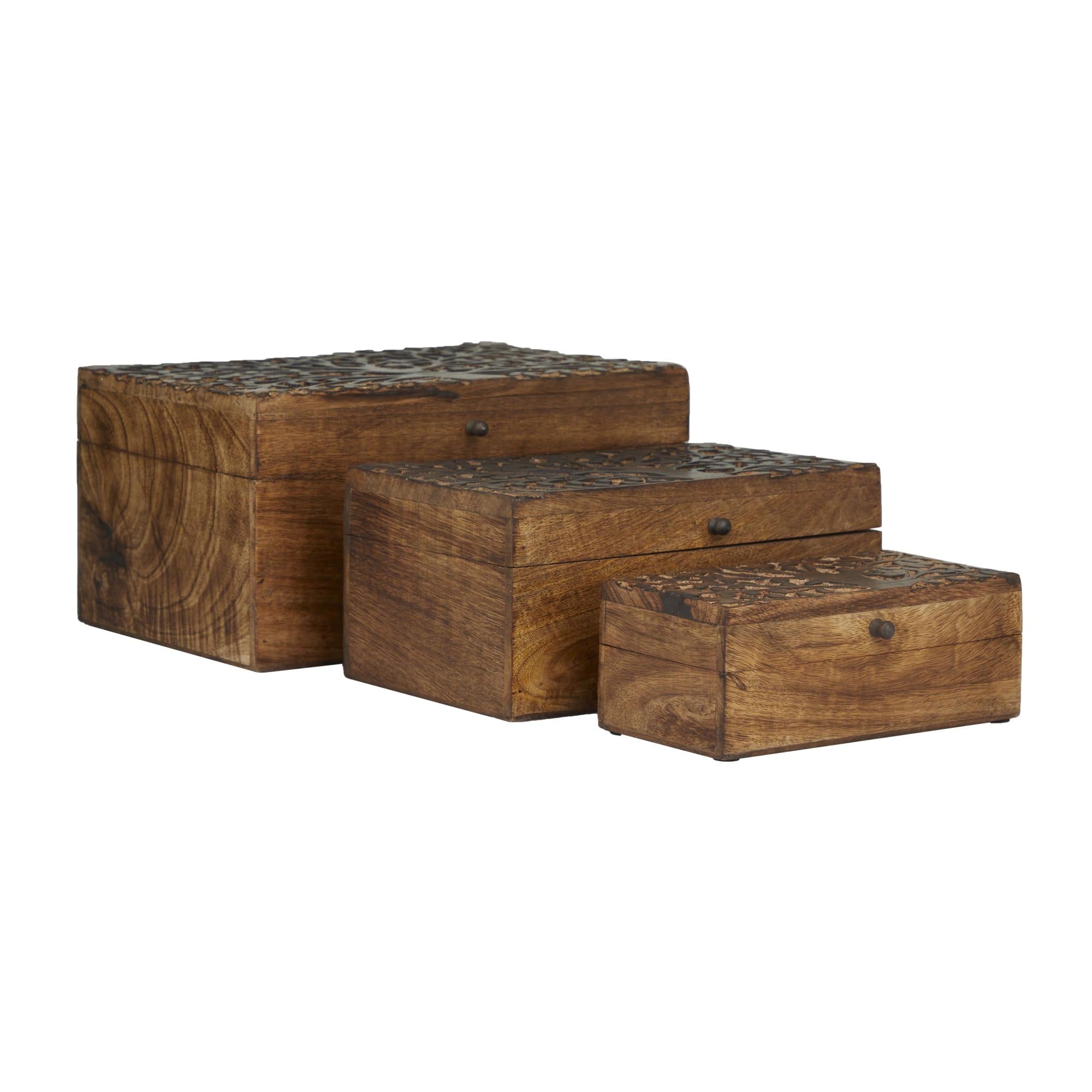 Set of 3 Floral Brown Mango Wood Handmade Decorative Box with Hinged Lid