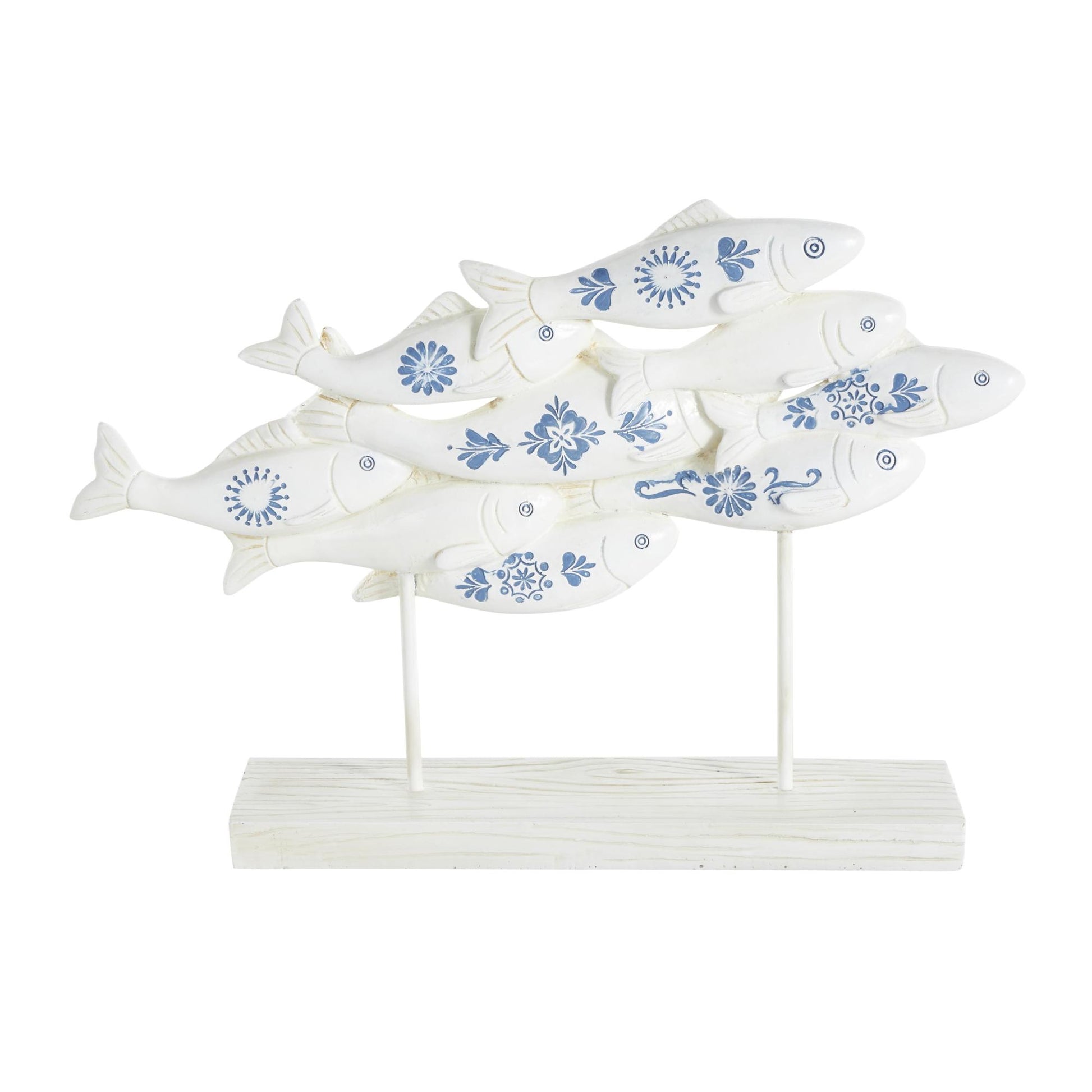 Fish White Polystone Decorative Sculpture with Blue Floral Patterns and Stand