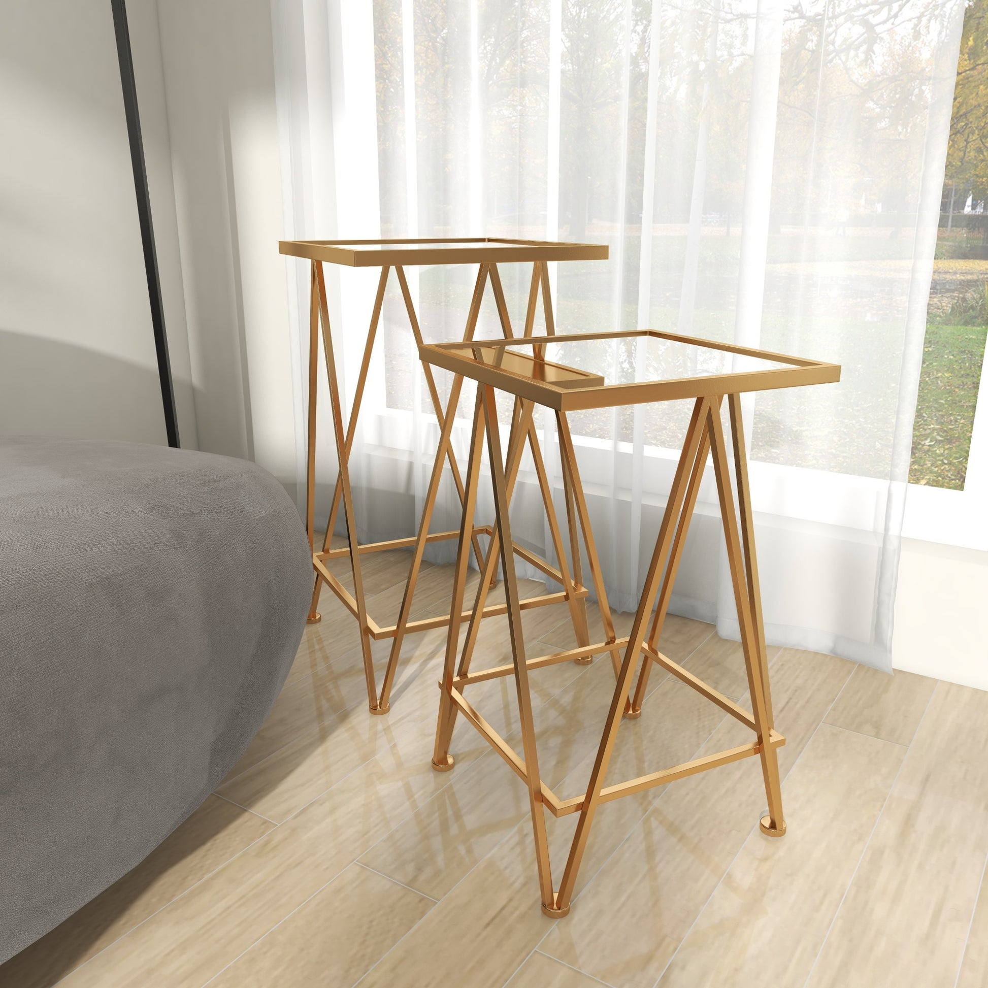 Set of 2 Geometric Gold Metal Square Side End Accent Table with Mirrored Glass Top