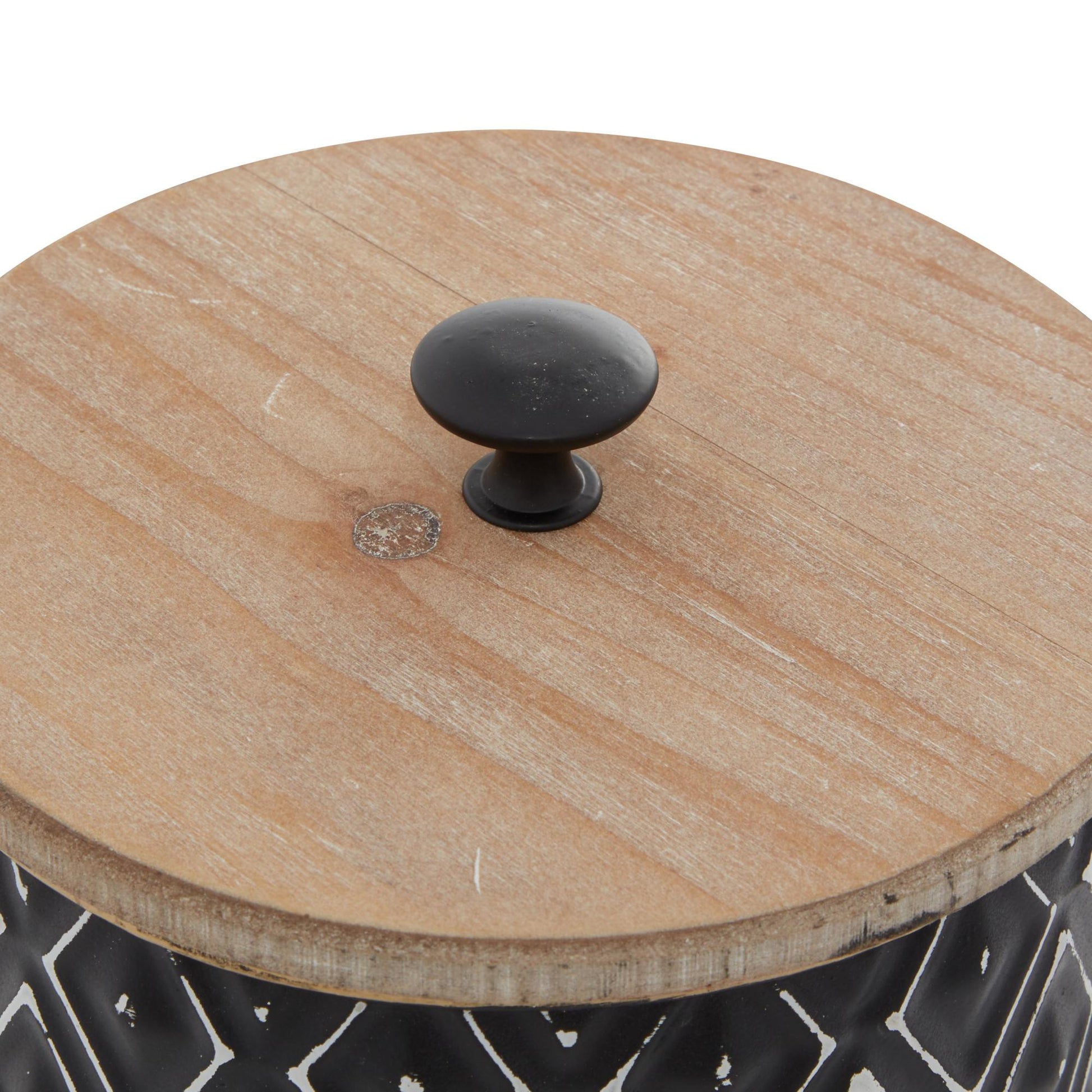 Set of 2 Geometric Black Metal Living Room Decorative Jars with Wood Lids