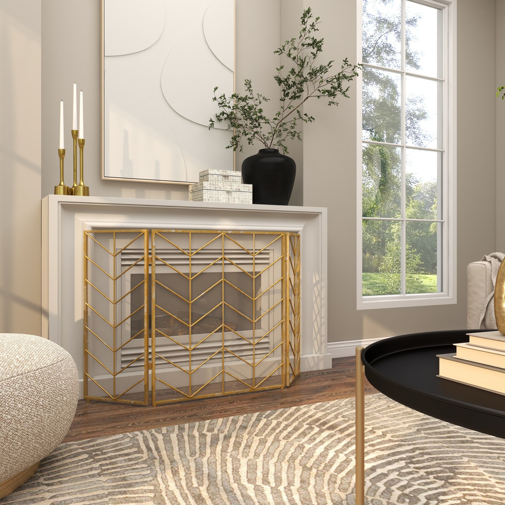 Geometric Metal Foldable Mesh Netting 3 Panel Living Room Fireplace Screen with Chevron Pattern