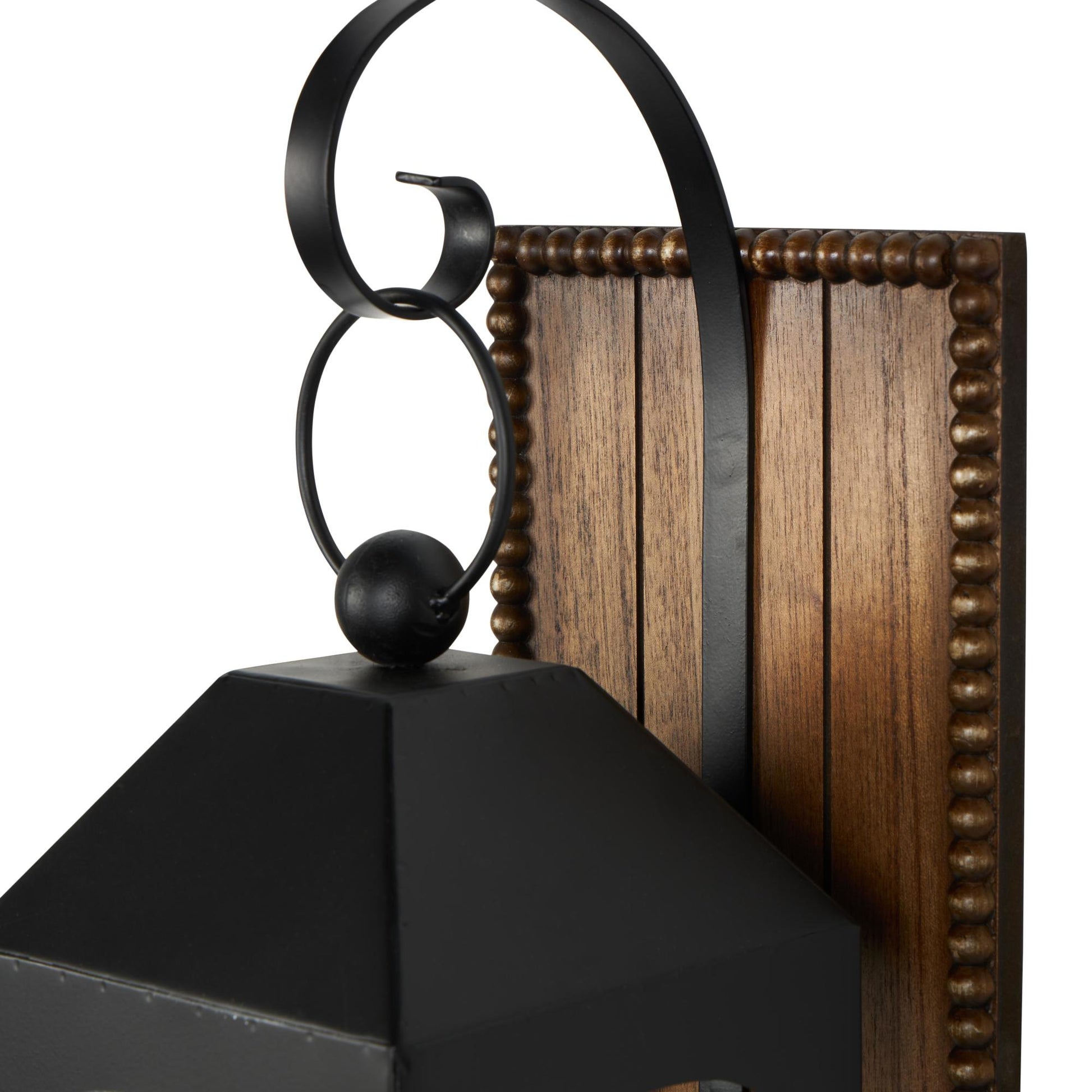 Abstract Black Metal Suspended Arched Cutout Indoor Outdoor Wall Sconce with Brown Wood Backing and Beaded Edge
