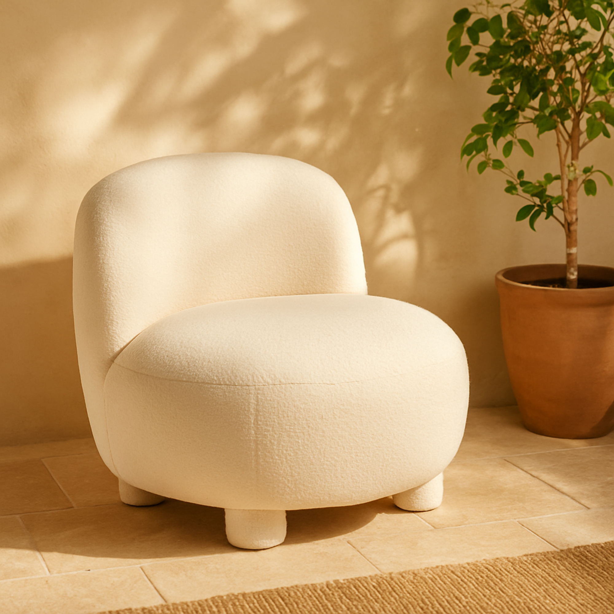 Cream Polyester Rounded Barrel Living Room Accent Chair