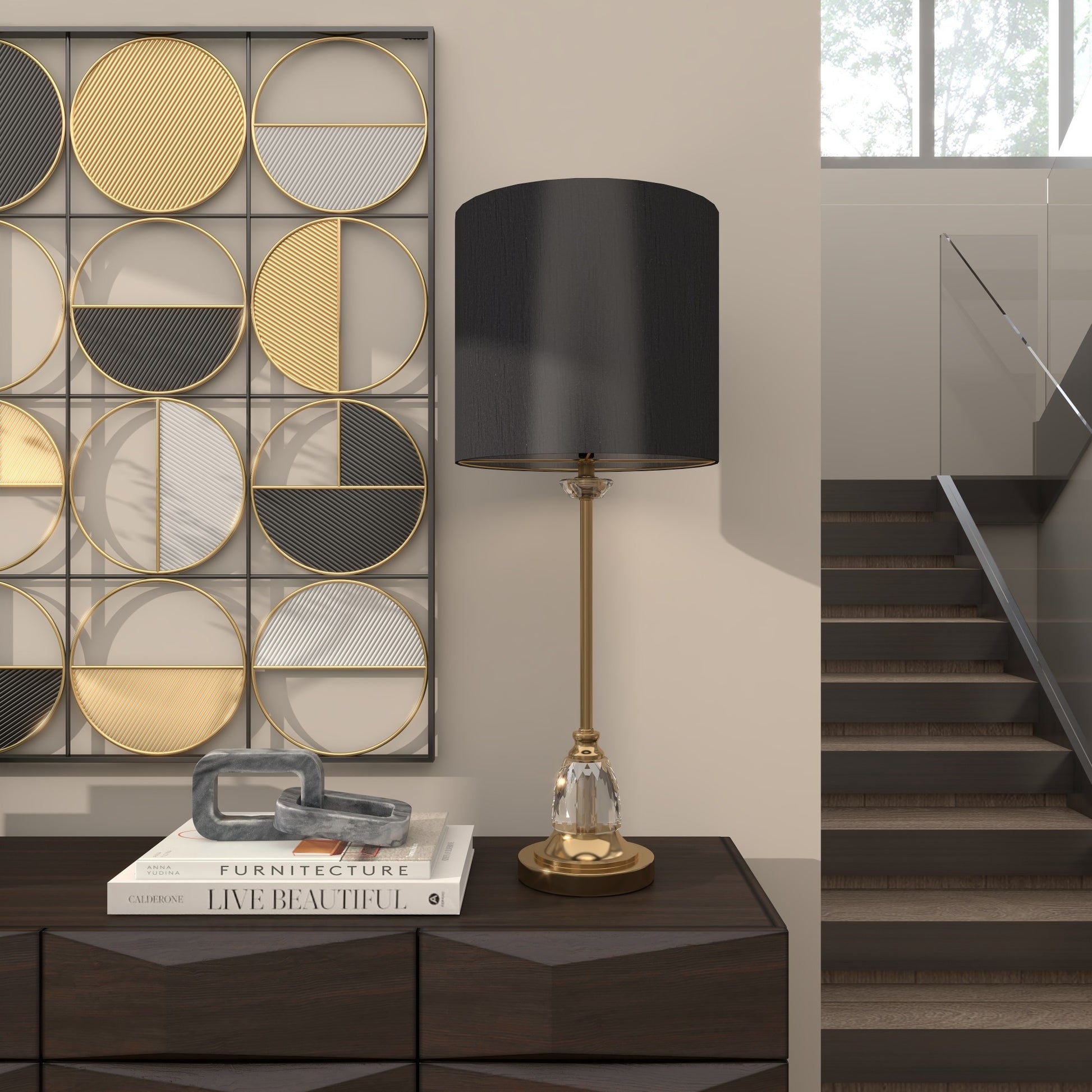 Gold Metal Room Buffet Lamp with Black Shade and Crystal Accent