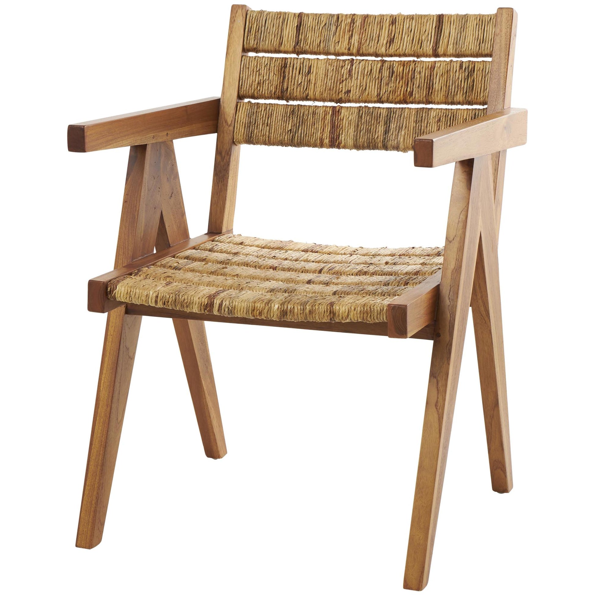Brown Teak Wood Handmade Mid-Century Living Room Accent Chair with Wrapped Banana Leaf Seat