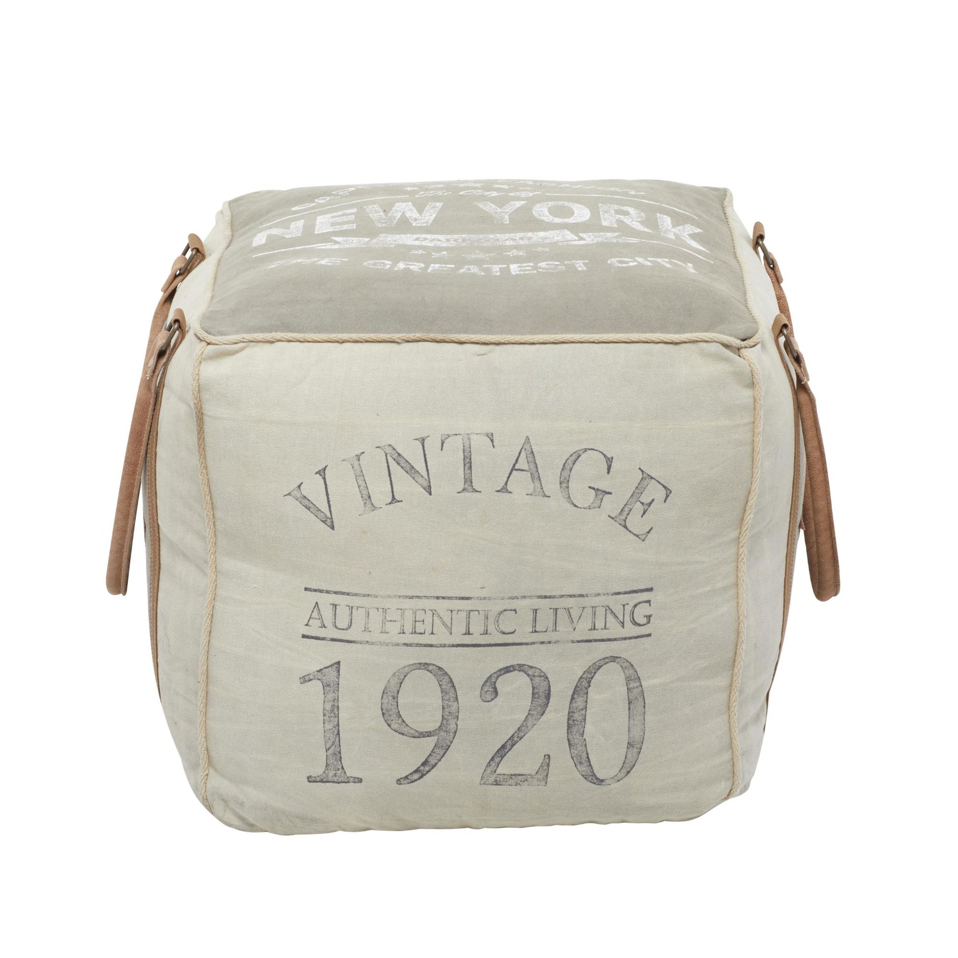Star Canvas Stuffed Pouf with Leather Accents