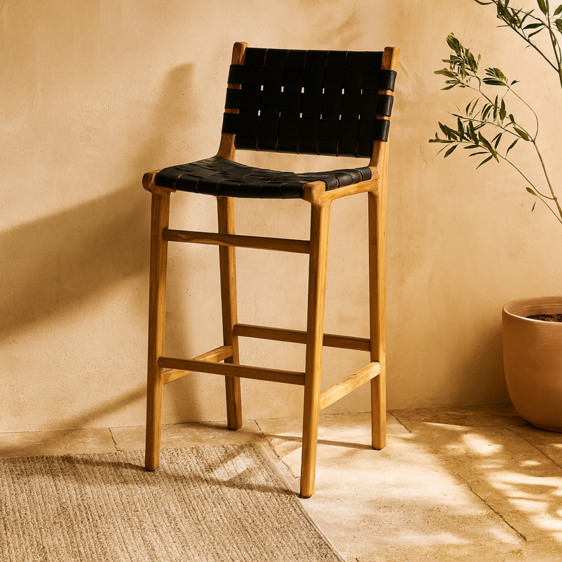 Teak Wood Woven Leather Seat and Back Kitchen Bar Stool with Beam Footrest