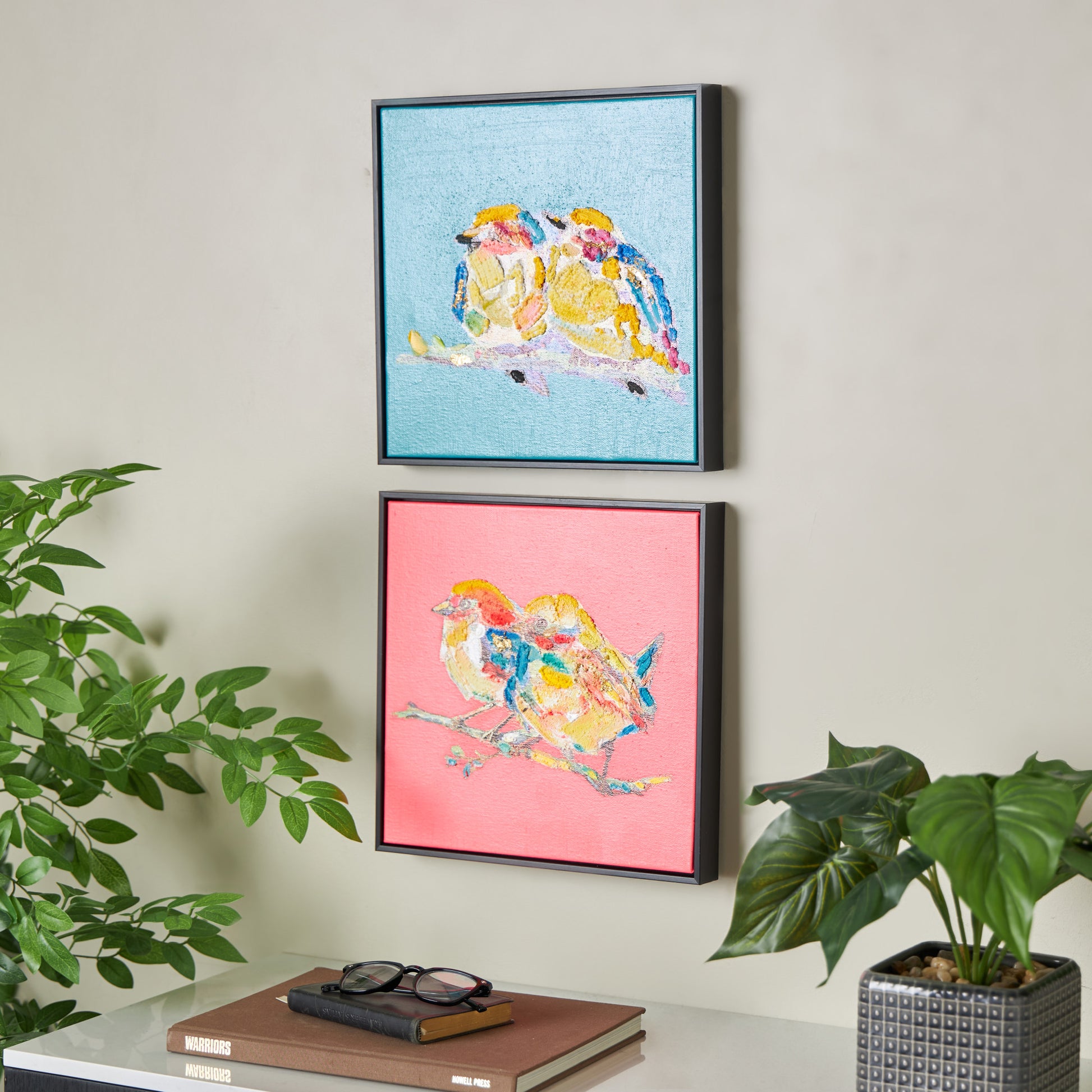 Set of 2 Bird Multi Colored Canvas Colorful Living Room Framed Wall Art with Black Frame and Gold Foil Accents