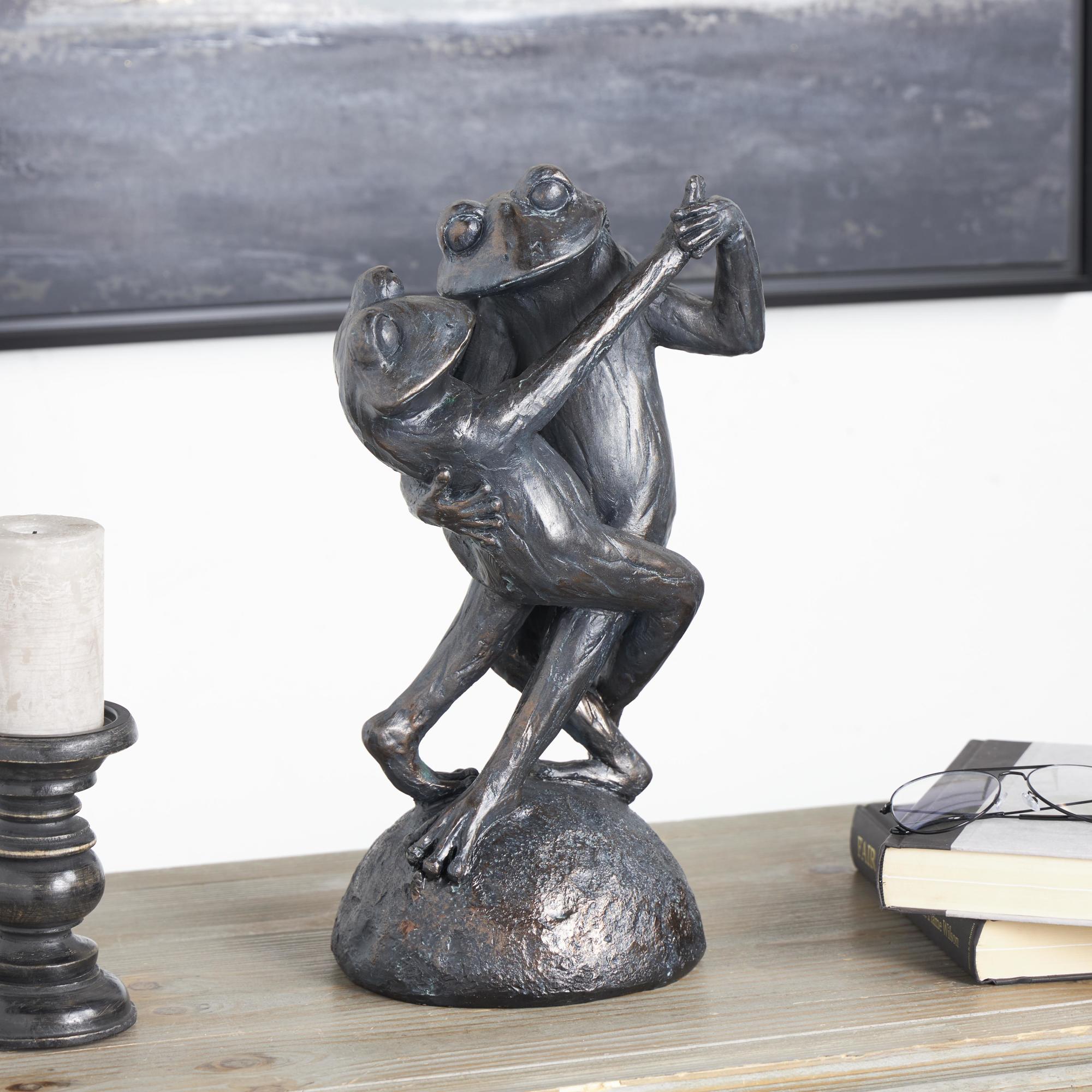 Frog Bronze Resin Patina Dancing Decorative Sculpture with Rock Base