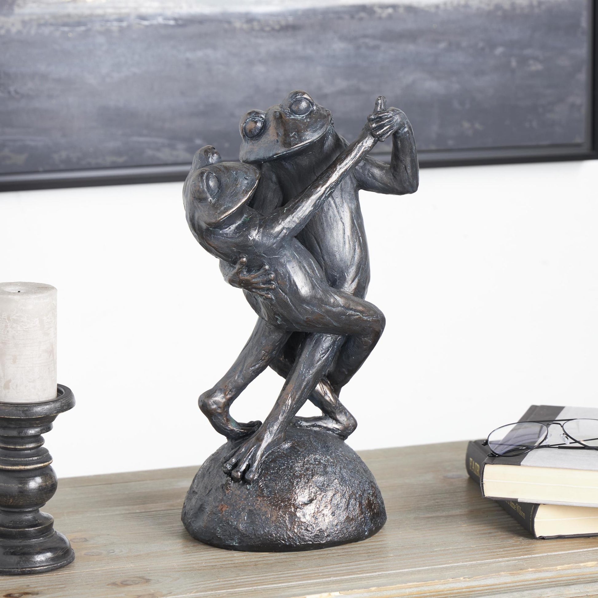 Frog Bronze Resin Patina Dancing Decorative Sculpture with Rock Base