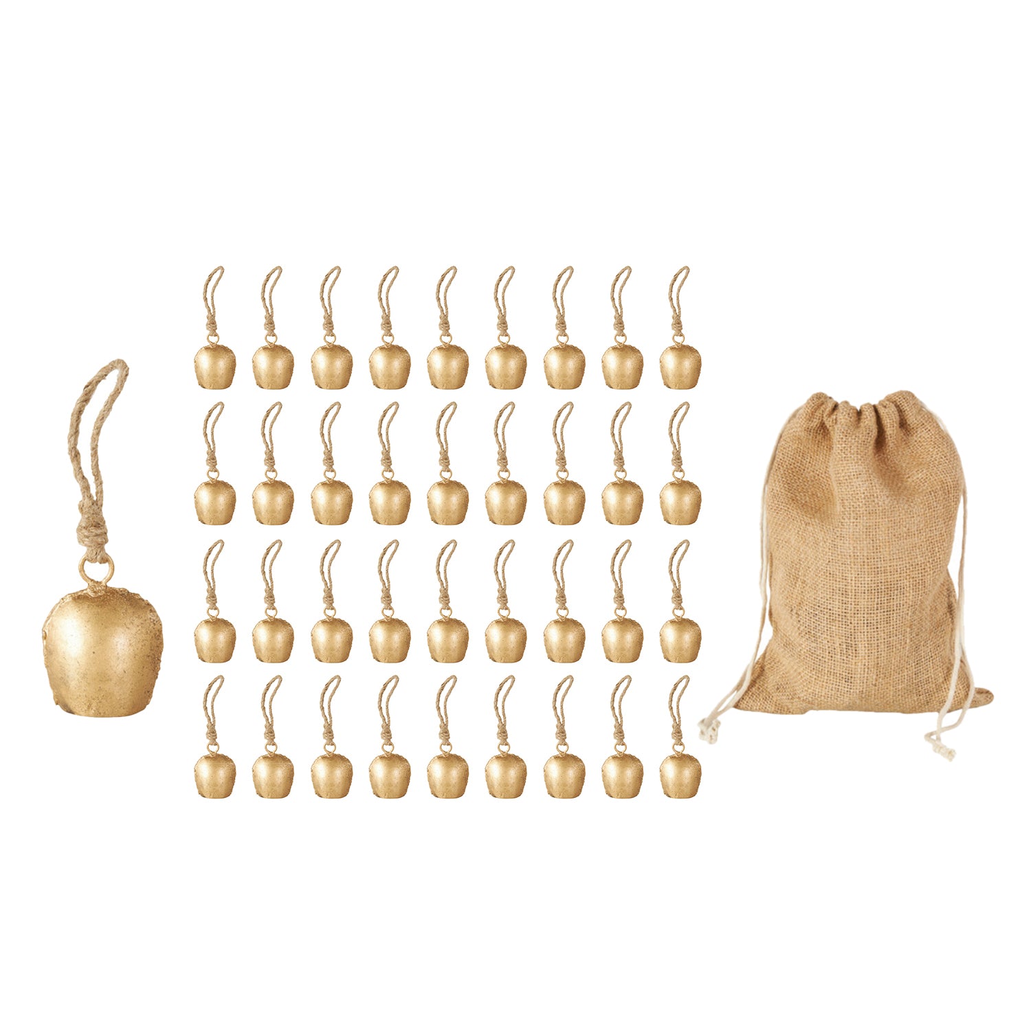 Set of 36 Bell Gold Metal Tibetan Inspired Indoor Outdoor Decorative Bells with Brown Jute Rope and Canvas Tote