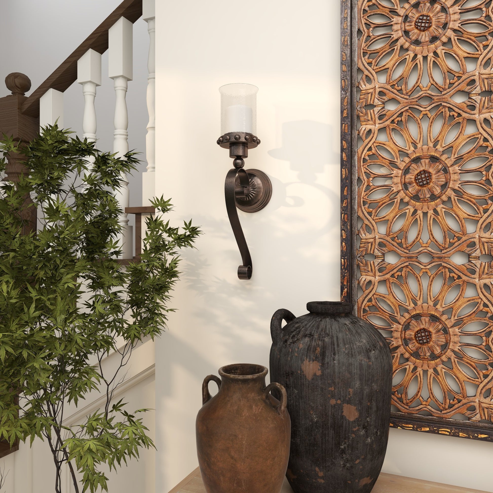 Scroll Brown Metal Studded Pillar Indoor Outdoor Wall Sconce