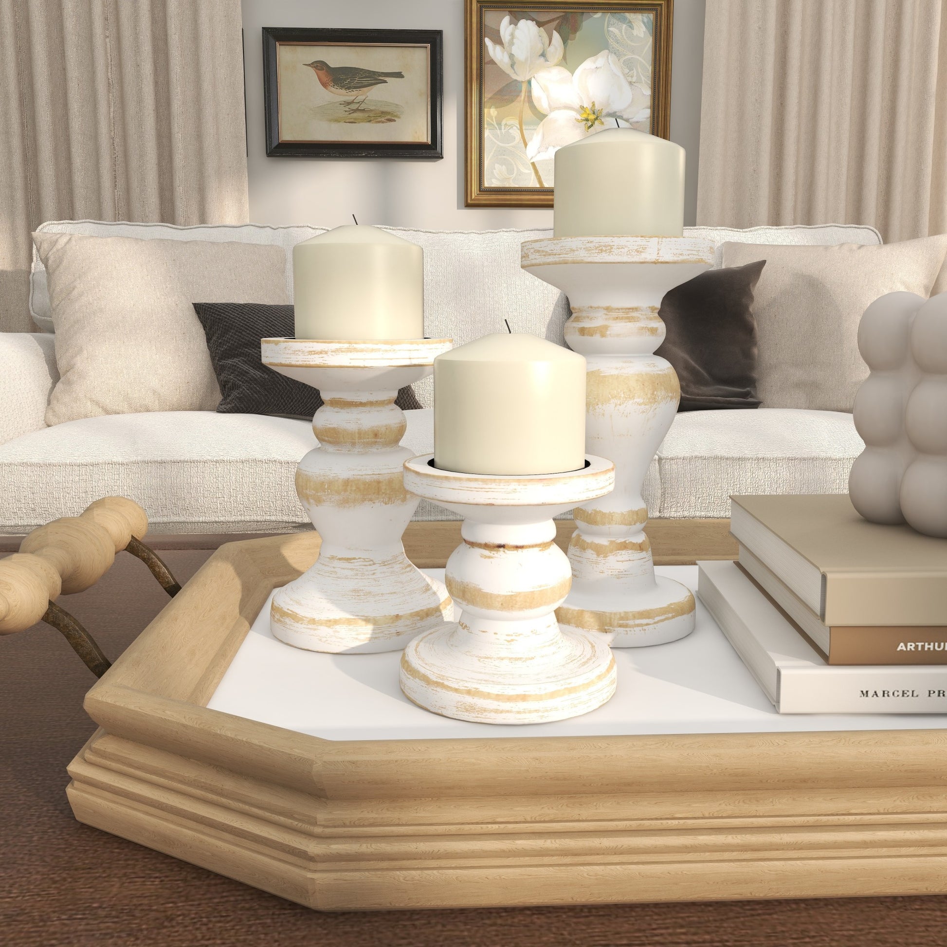 Set of 3 Wood Beaded Pillar Decorative Candle Holder Set of 3 4", 6", 8"H