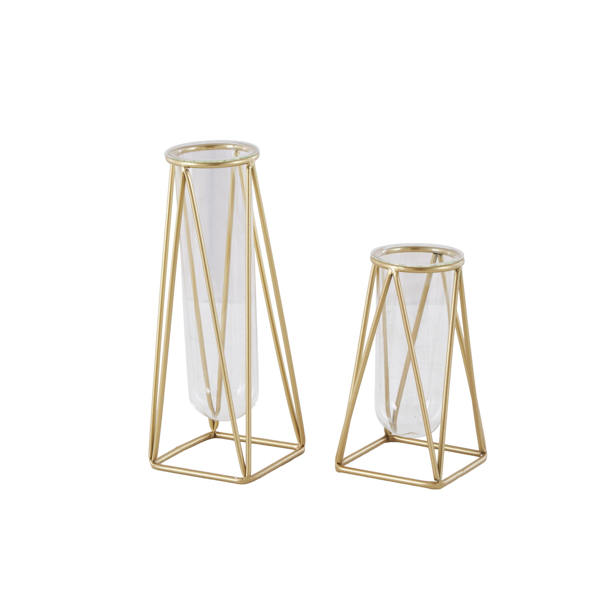 Set of 2 Geometric Glass Tube Decorative Vase with Metal Stand