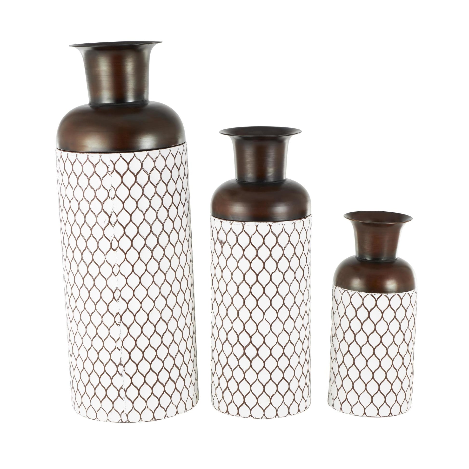 Set of 3 White Metal Tall Teardrop Shaped Decorative Vase with Brown Trumpet Tops