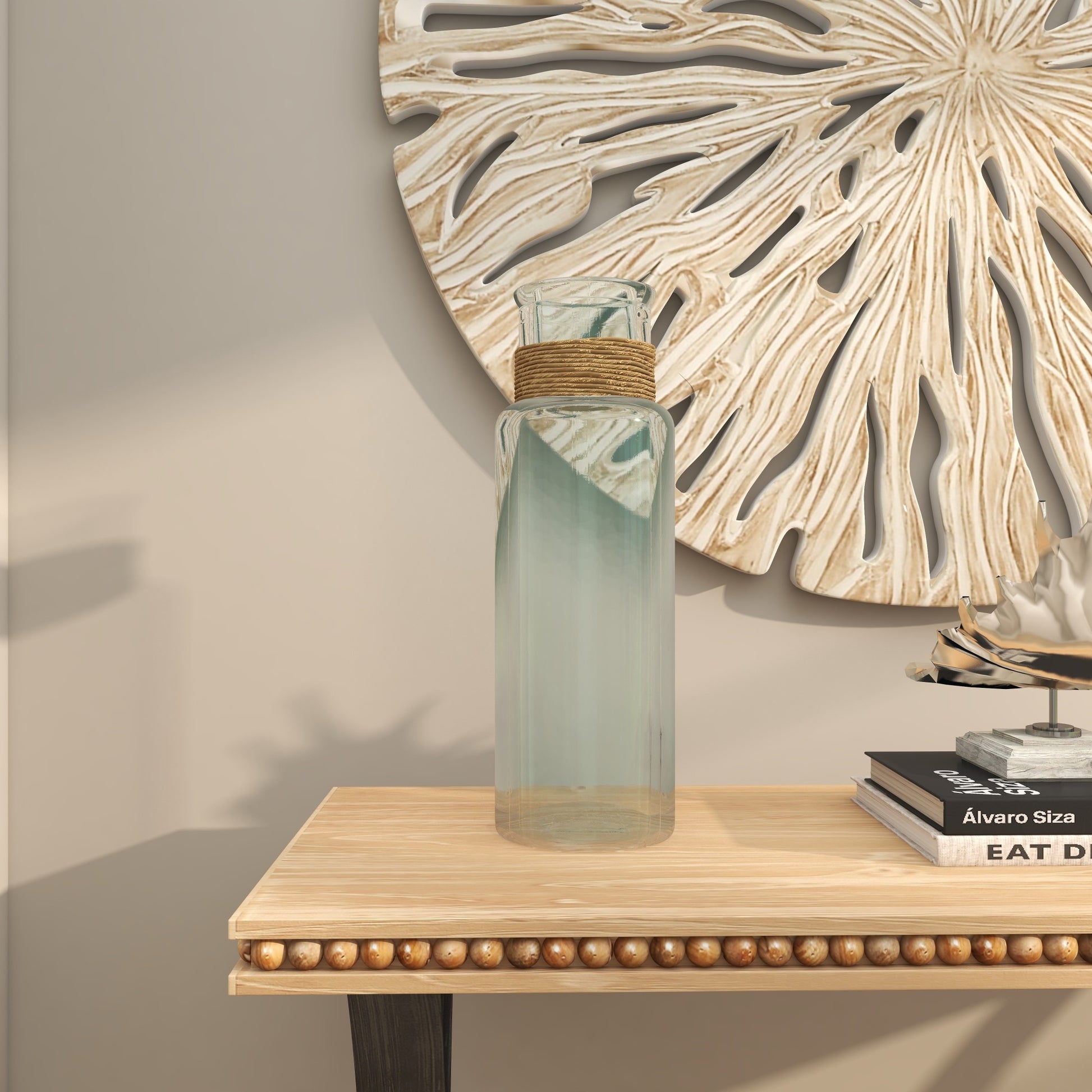 Teal Recycled Glass Handmade Slim Spanish Bottle Neck Decorative Vase with Wrapped Rattan Neck