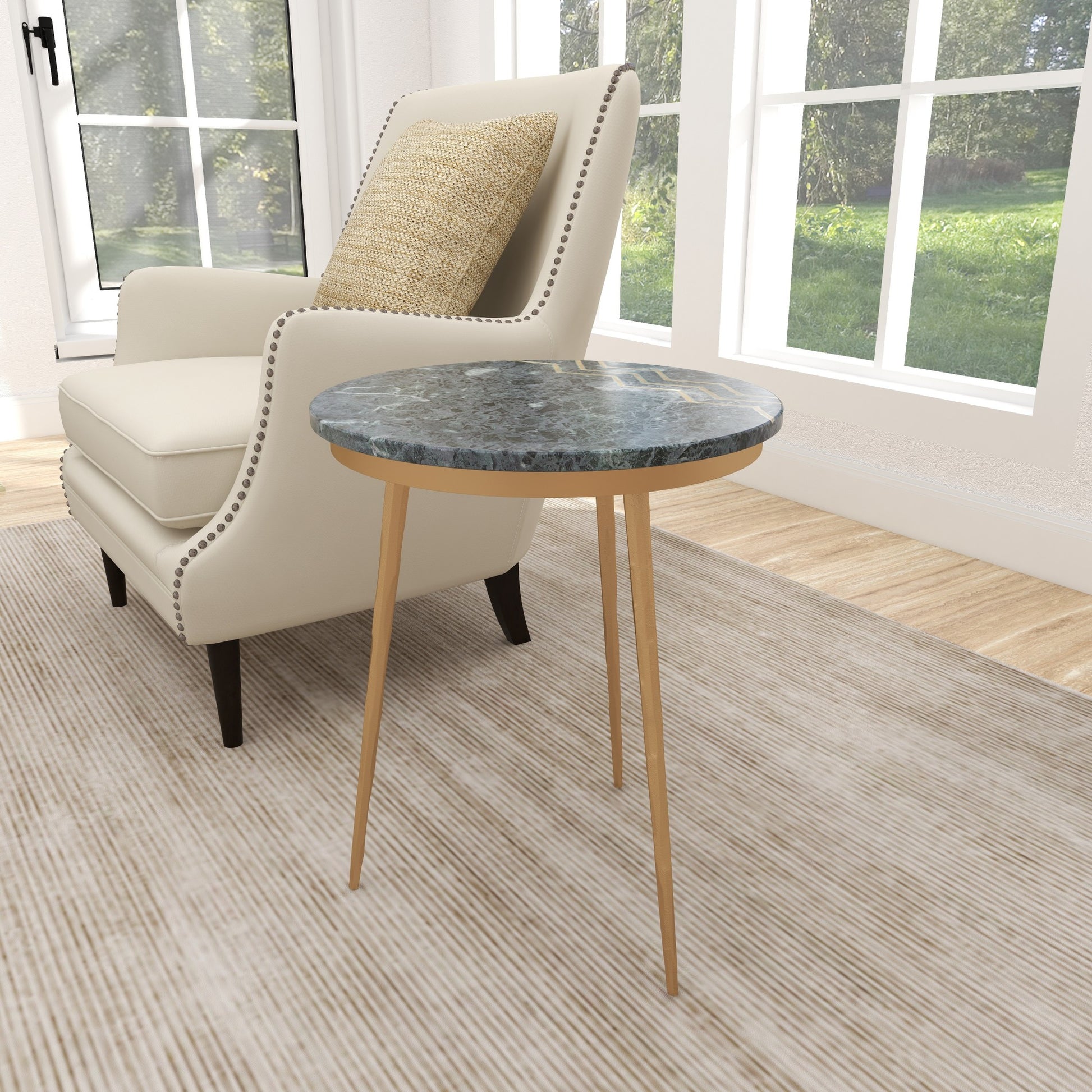 Green Marble Side End Accent Table with Gold Metal Tripod Legs and Zig-Zag Detail