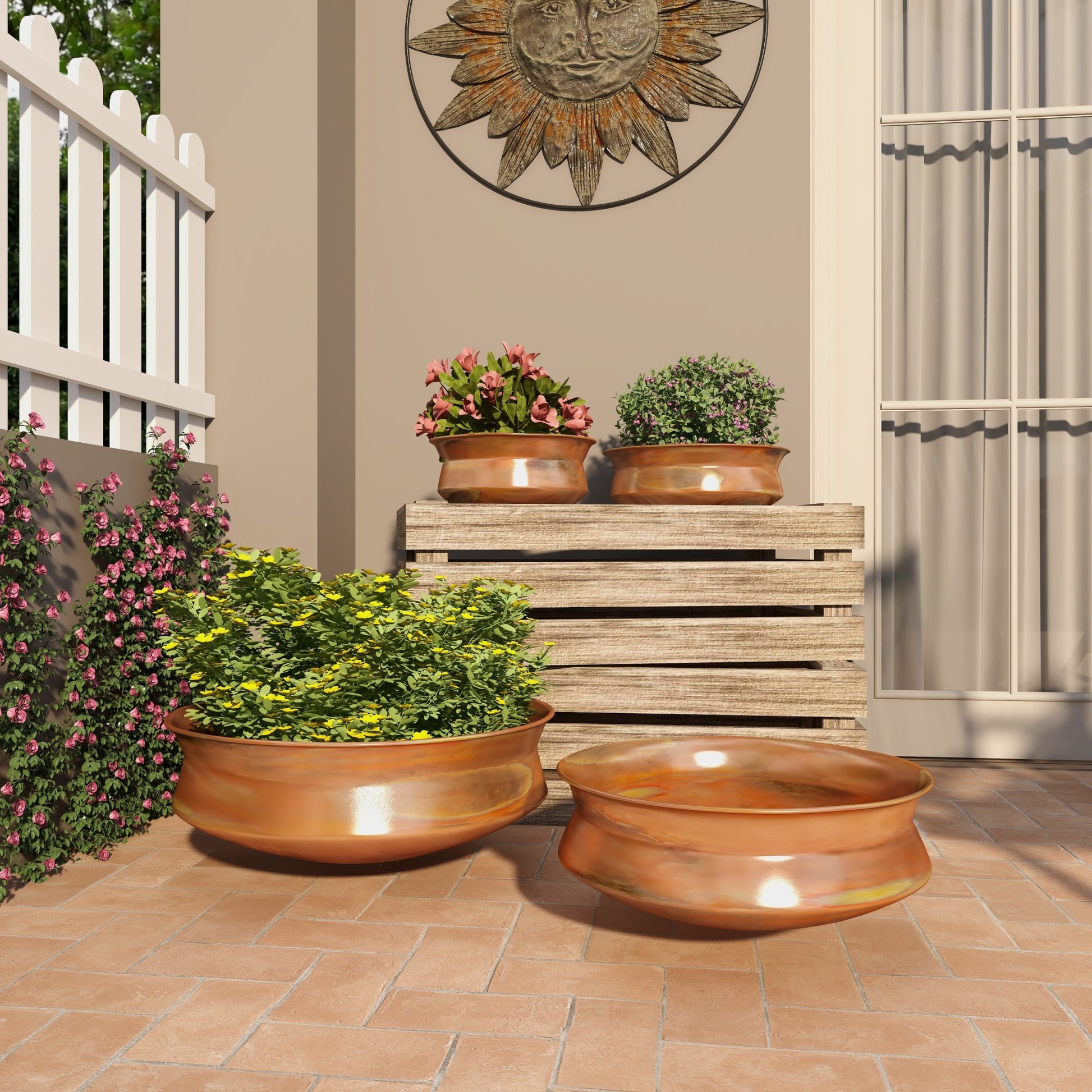 Set of 4 Copper Metal Wide Weathered Low Bowl Indoor Outdoor Planter