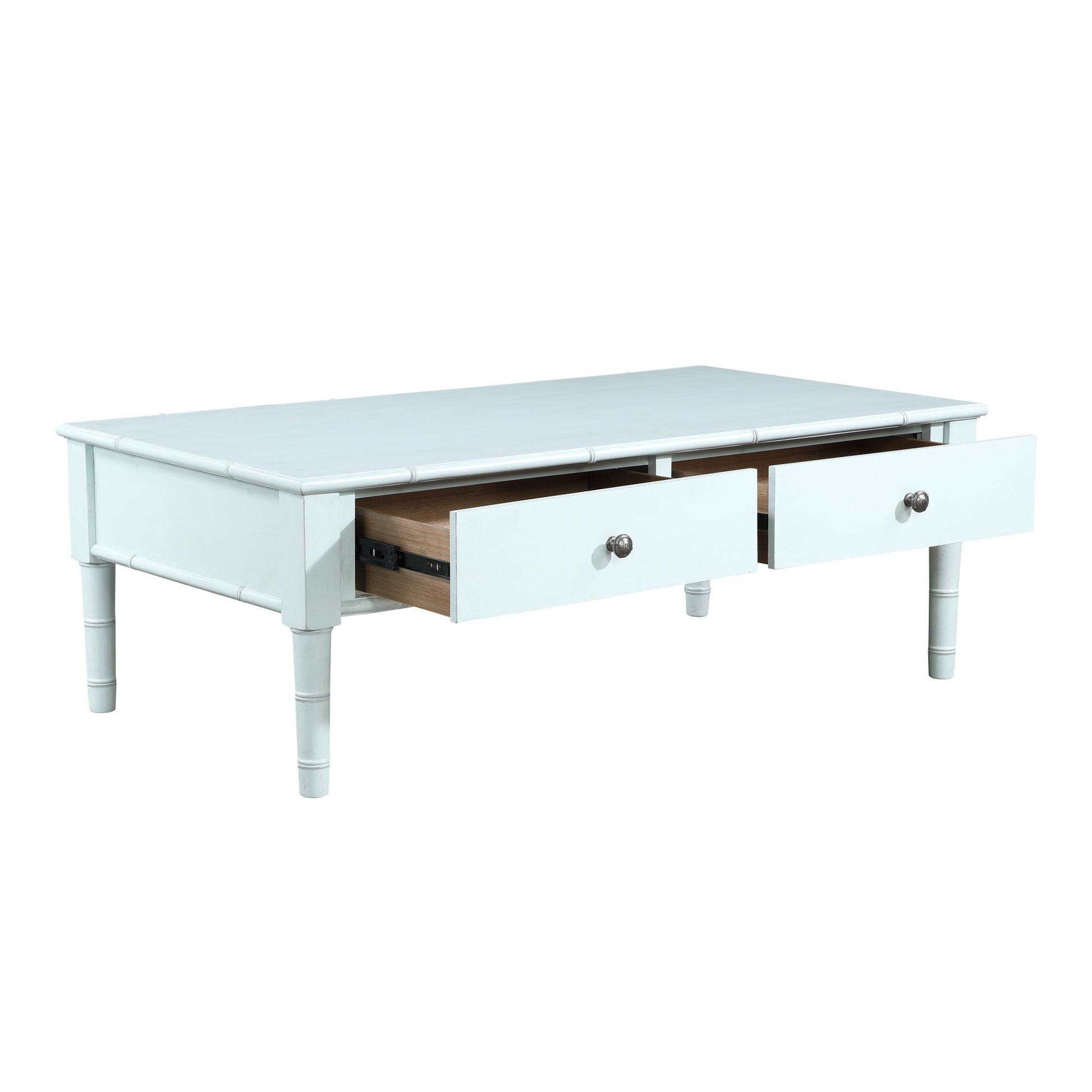 Light Blue Wood 2 Drawer Living Room Coffee Table with Bamboo Inspired Detailing and Bronze Knobs