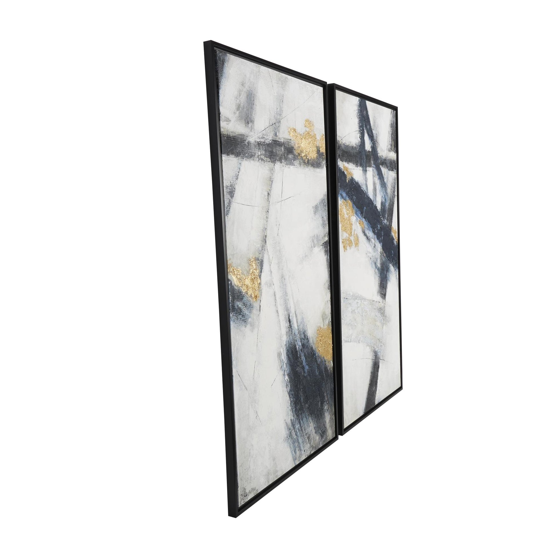 Set of 2 Abstract Light Gray Canvas Lines Living Room Framed Wall Art with Gold Foil Accents
