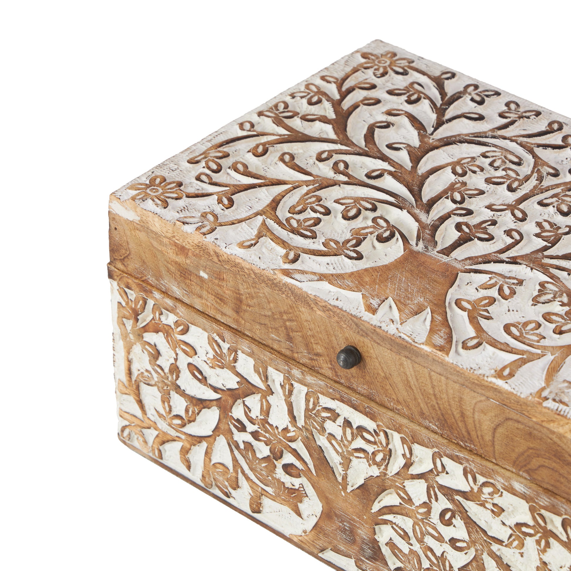 Set of 3 Tree Brown Mango Wood Carved Decorative Box with White Backing