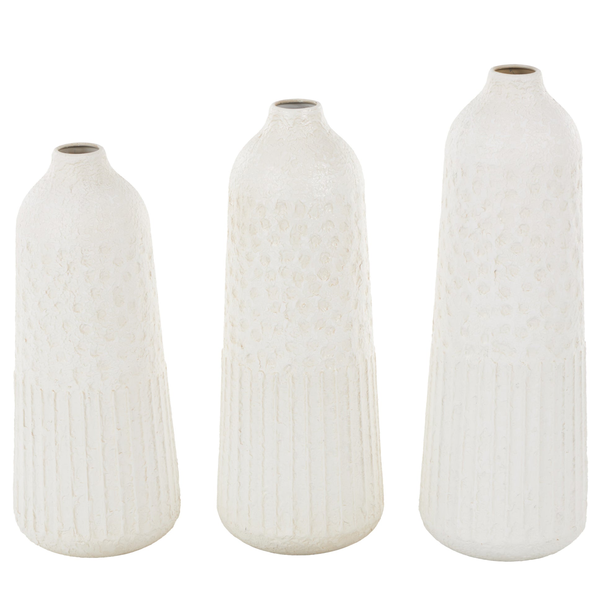 Set of 3 White Metal Textured Decorative Vase with Honeycomb Pattern