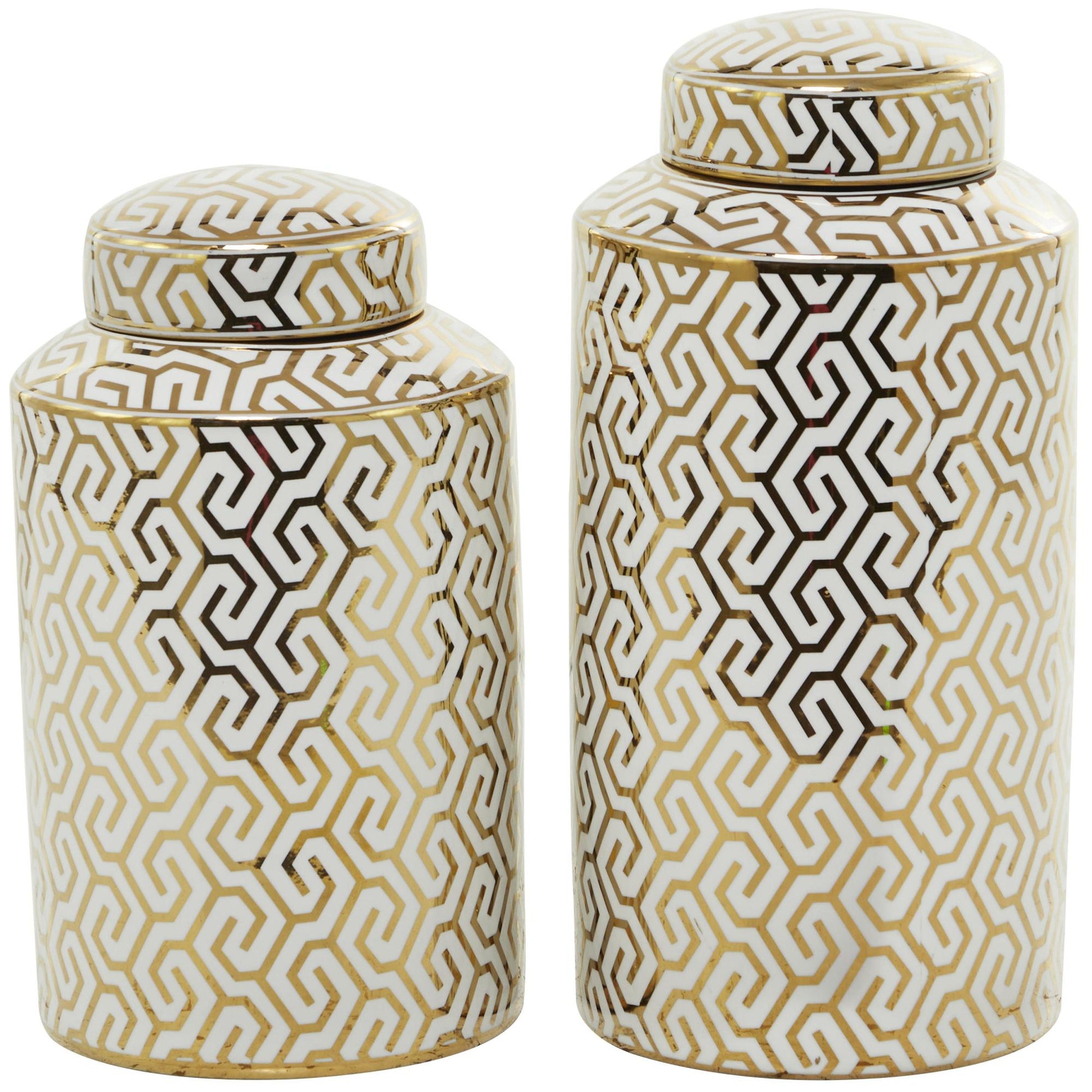Set of 2 Geometric Ceramic Living Room Decorative Jars with White Accents