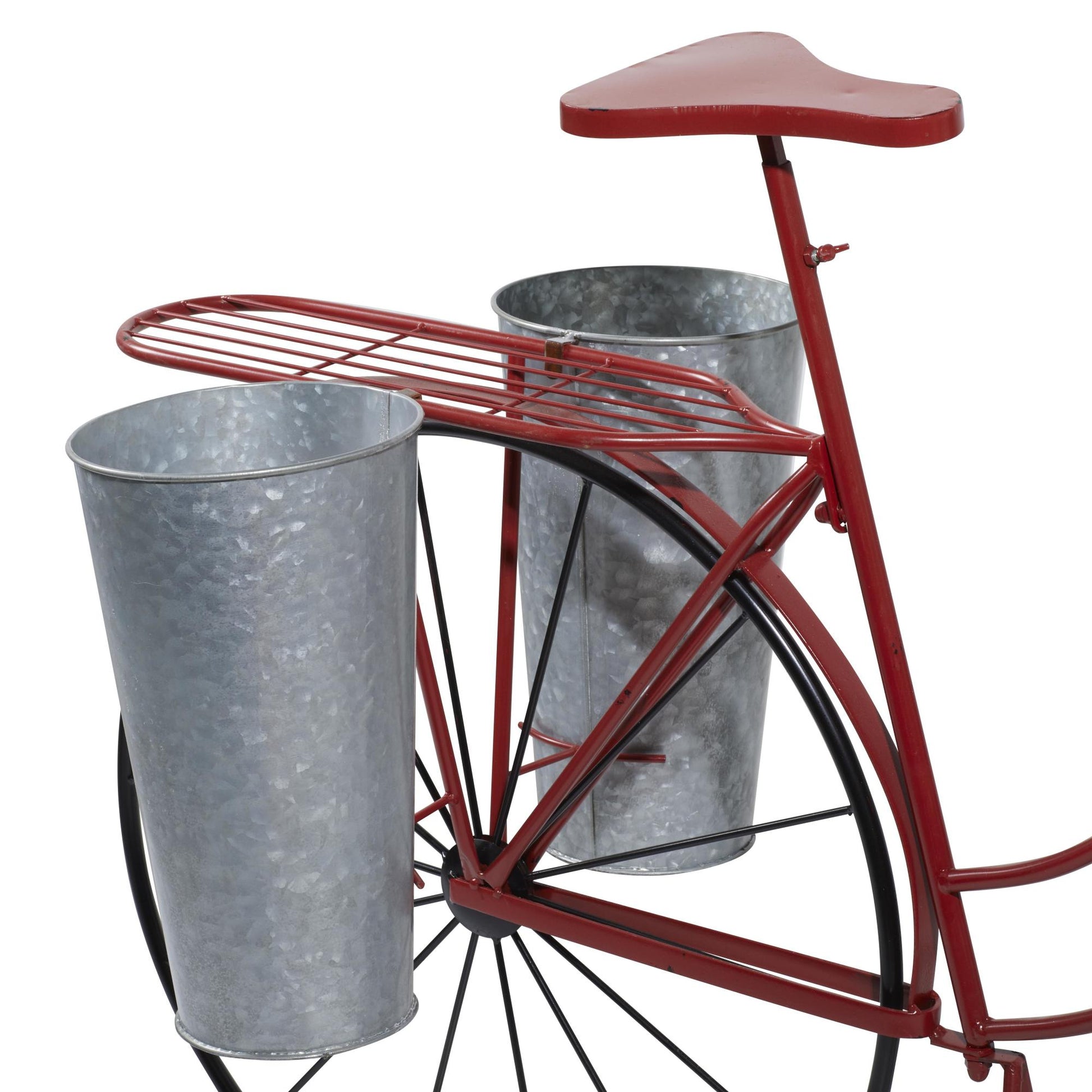 Bike Red Metal Indoor Outdoor Plantstand with Silver Basket and Saddle Bag Planters