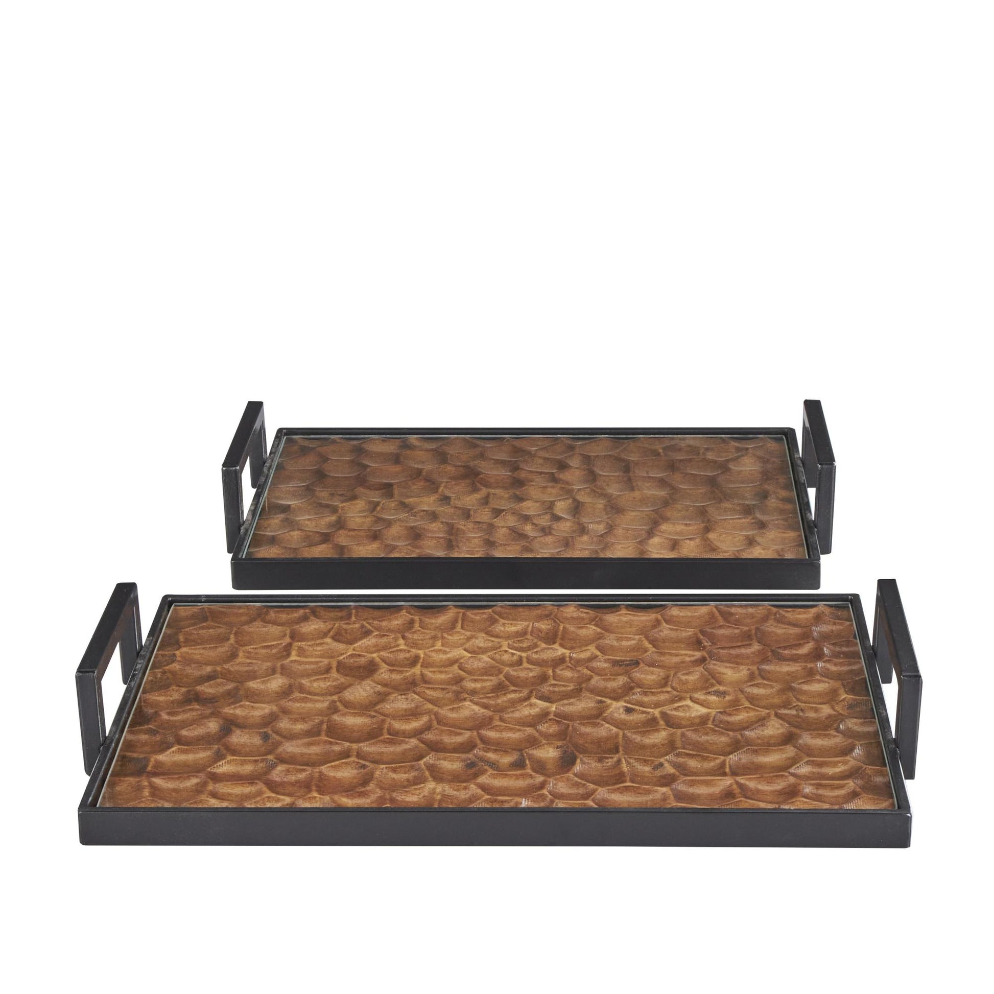 Set of 2 Brown Wood Handmade Carved Pebbled Bottom Living Room Decor Tray with Black handles