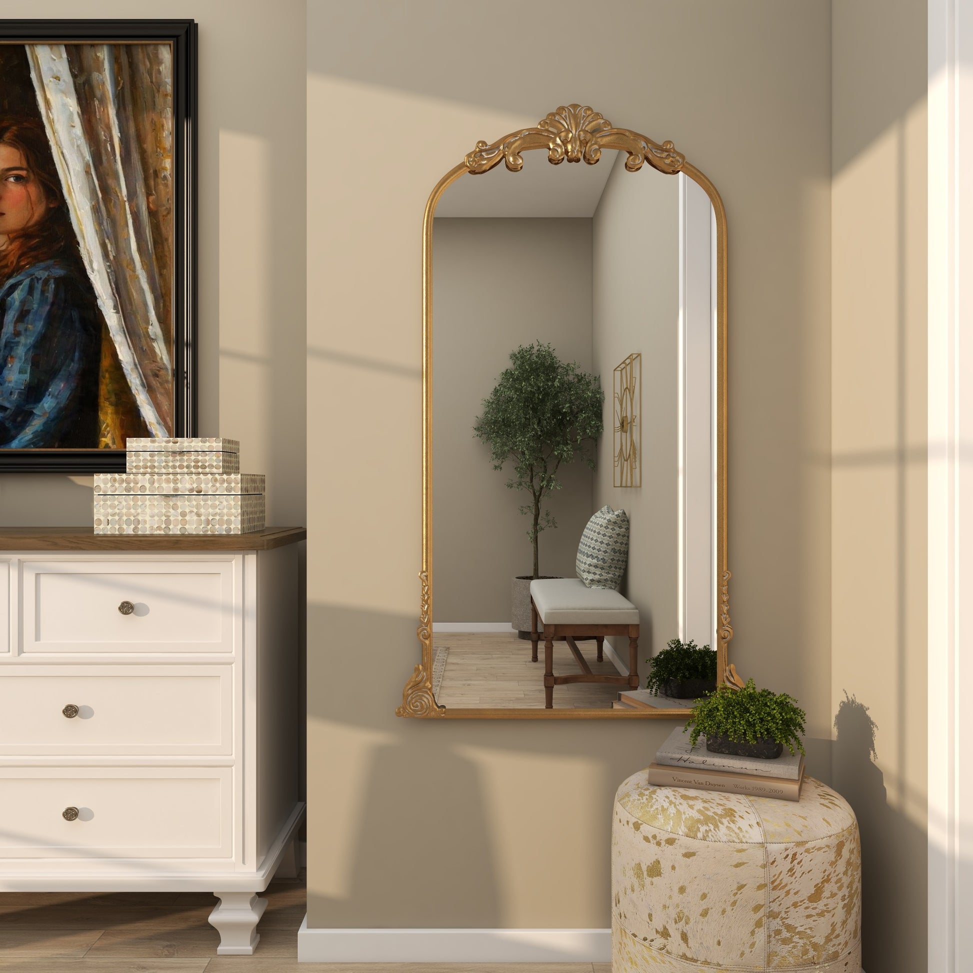 Scroll Gold Metal Tall Ornate Arched Baroque Room Floor Mirror