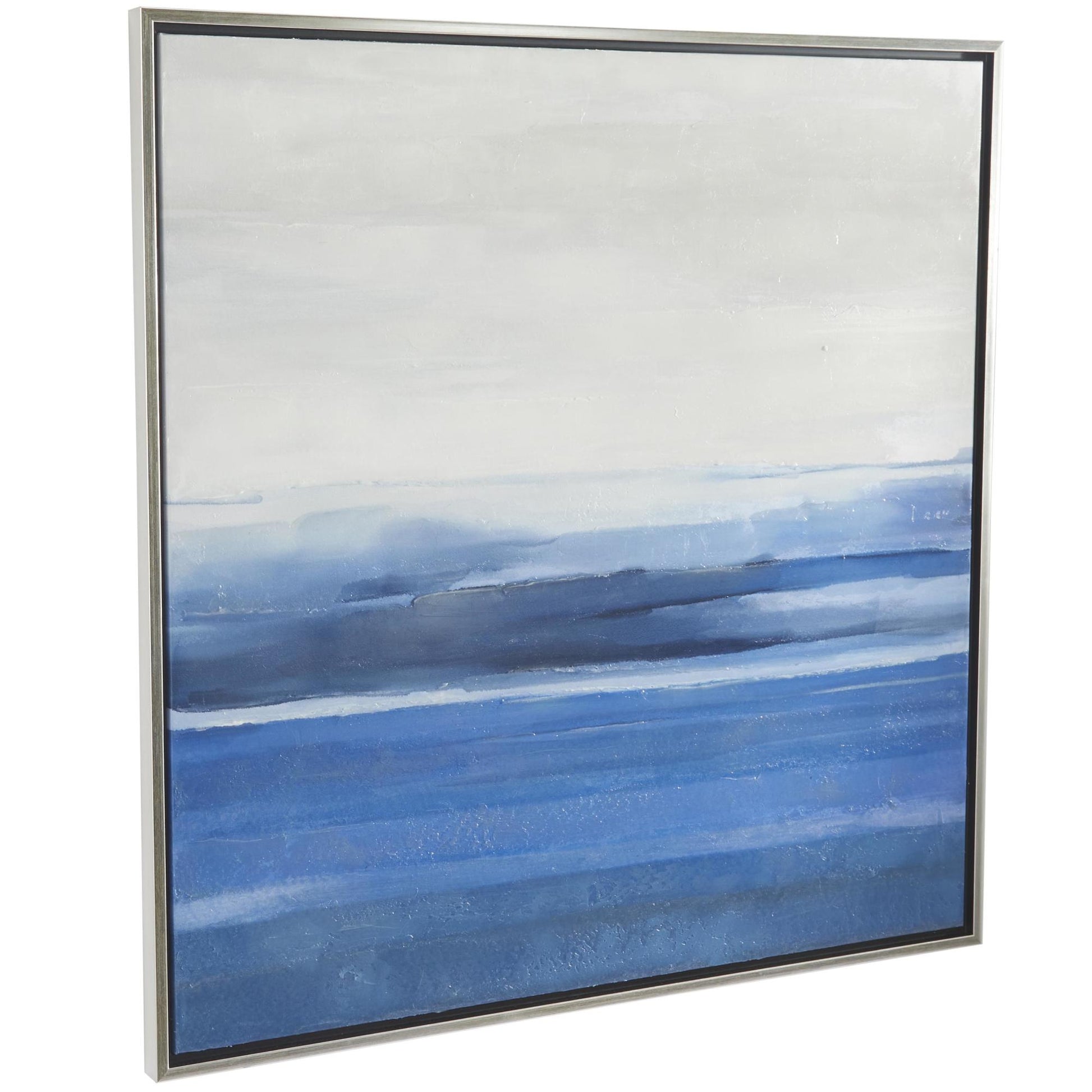 Landscape Blue Canvas Abstract Ocean Inspired Living Room Framed Wall Art with Silver Frame