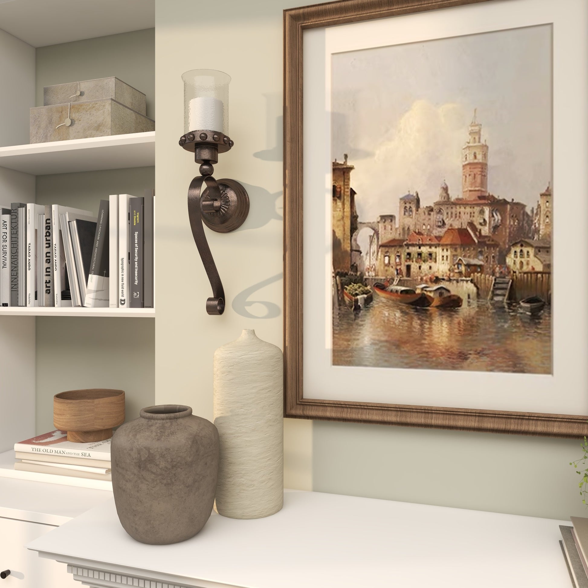 Scroll Brown Metal Studded Pillar Indoor Outdoor Wall Sconce