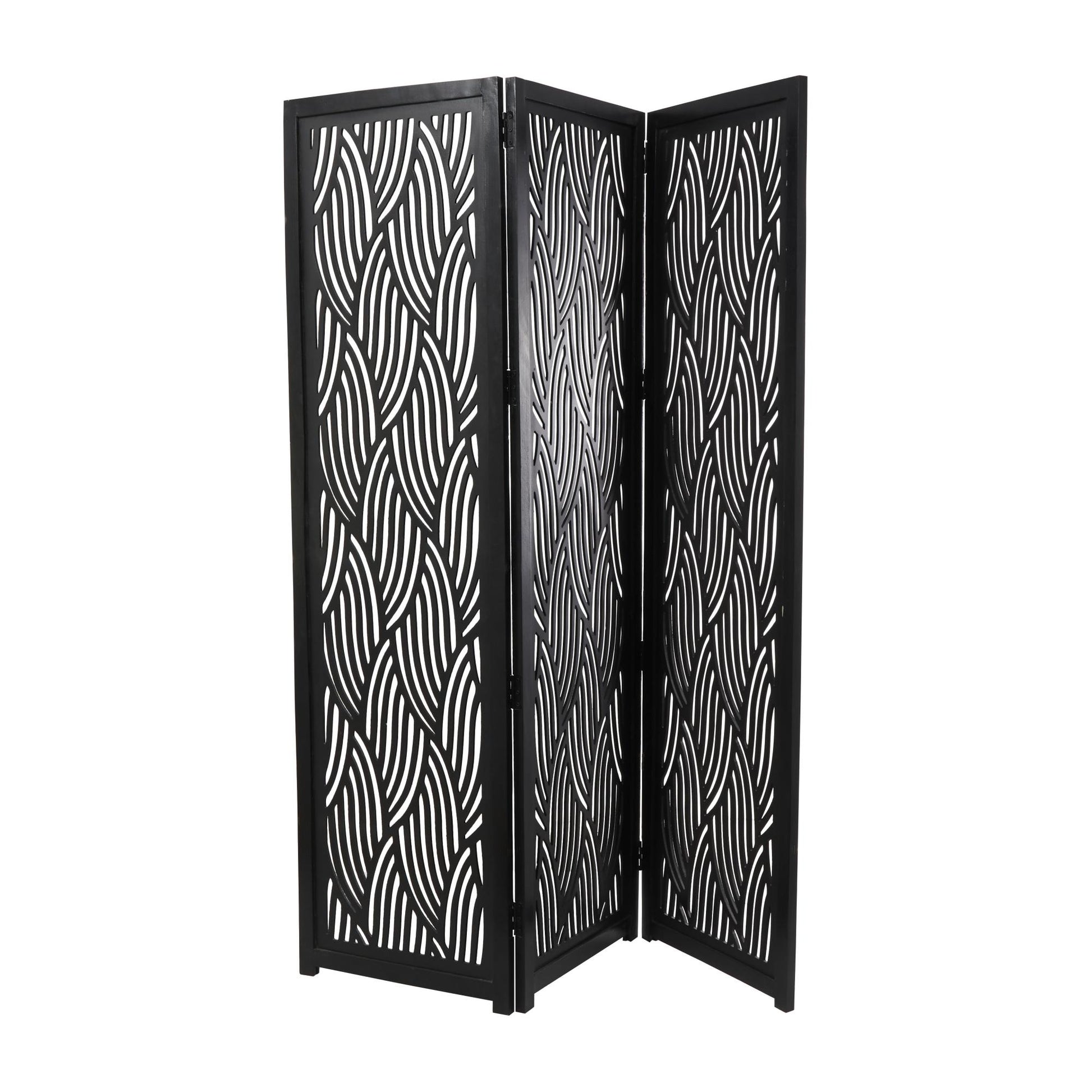 Abstract Black Mango Wood Wavy Cutout 3 Panel Partition Room Divider Screen