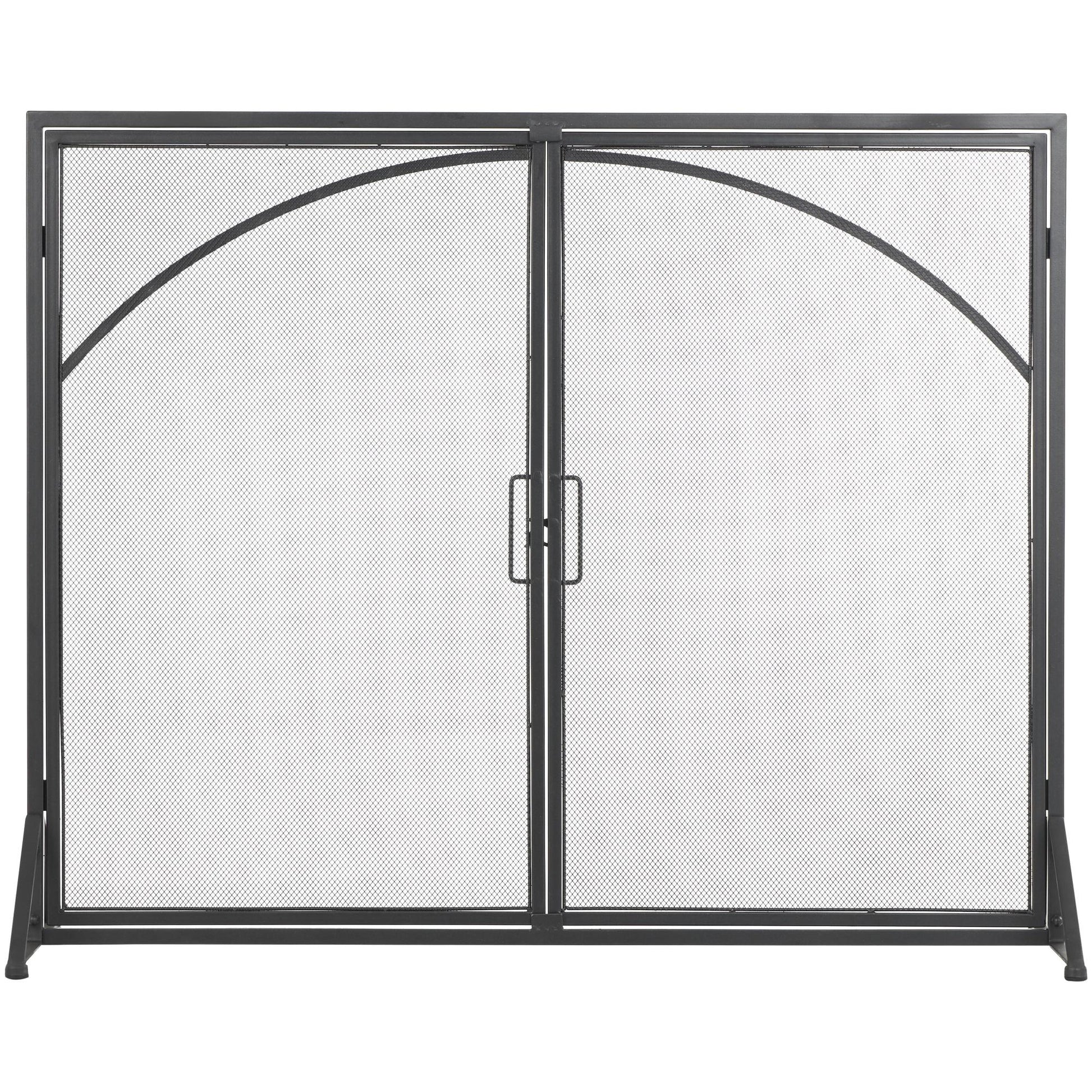 Black Metal Single Panel Living Room Fireplace Screen with Arch Inspired Doors and Handles